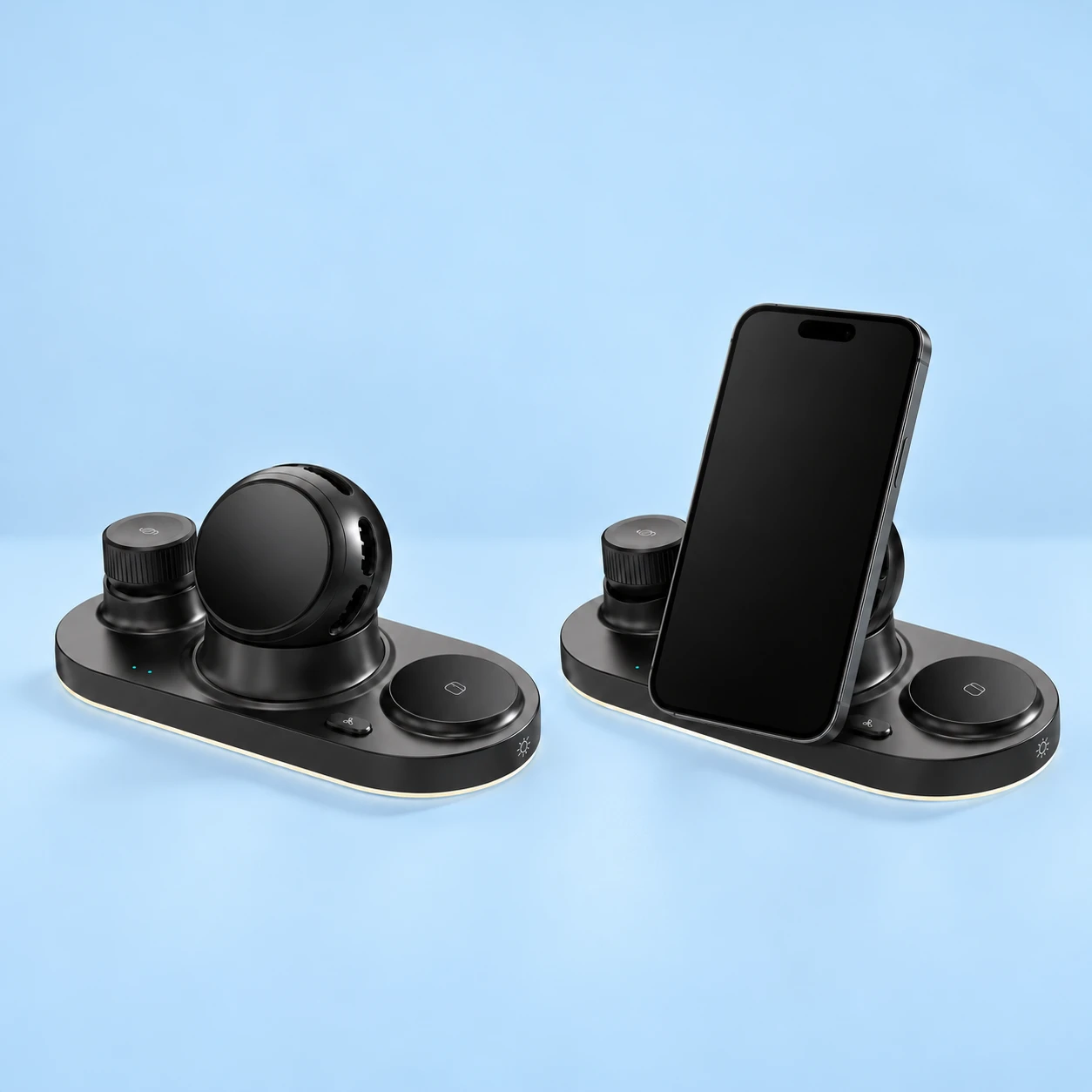 Complete black spherical-head charging station at left and the same original stand supporting an opaque portrait phone at right on pale blue. Compatible magnetic Qi phone or case and external power required; phone excluded., square composition