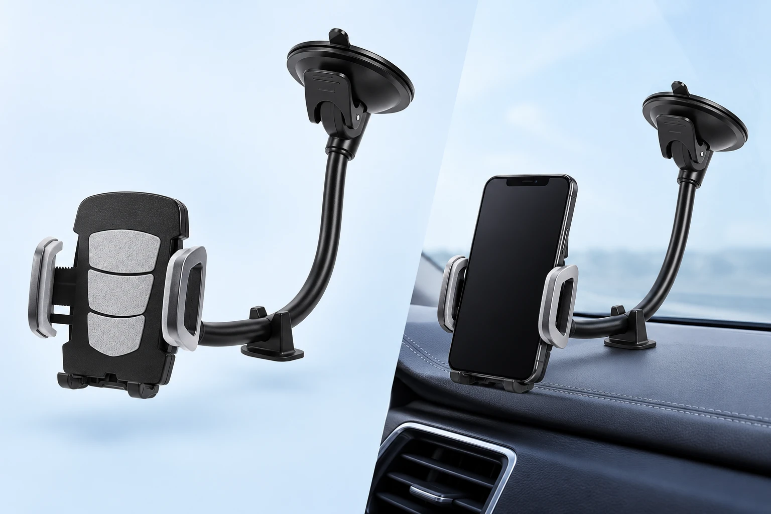 Complete black-and-silver suction gooseneck phone holder empty at left; the same original holder retains a demonstration phone at right with its suction foot on a stationary windshield and its plain saddle resting on the dashboard. Phone and vehicle are not included.