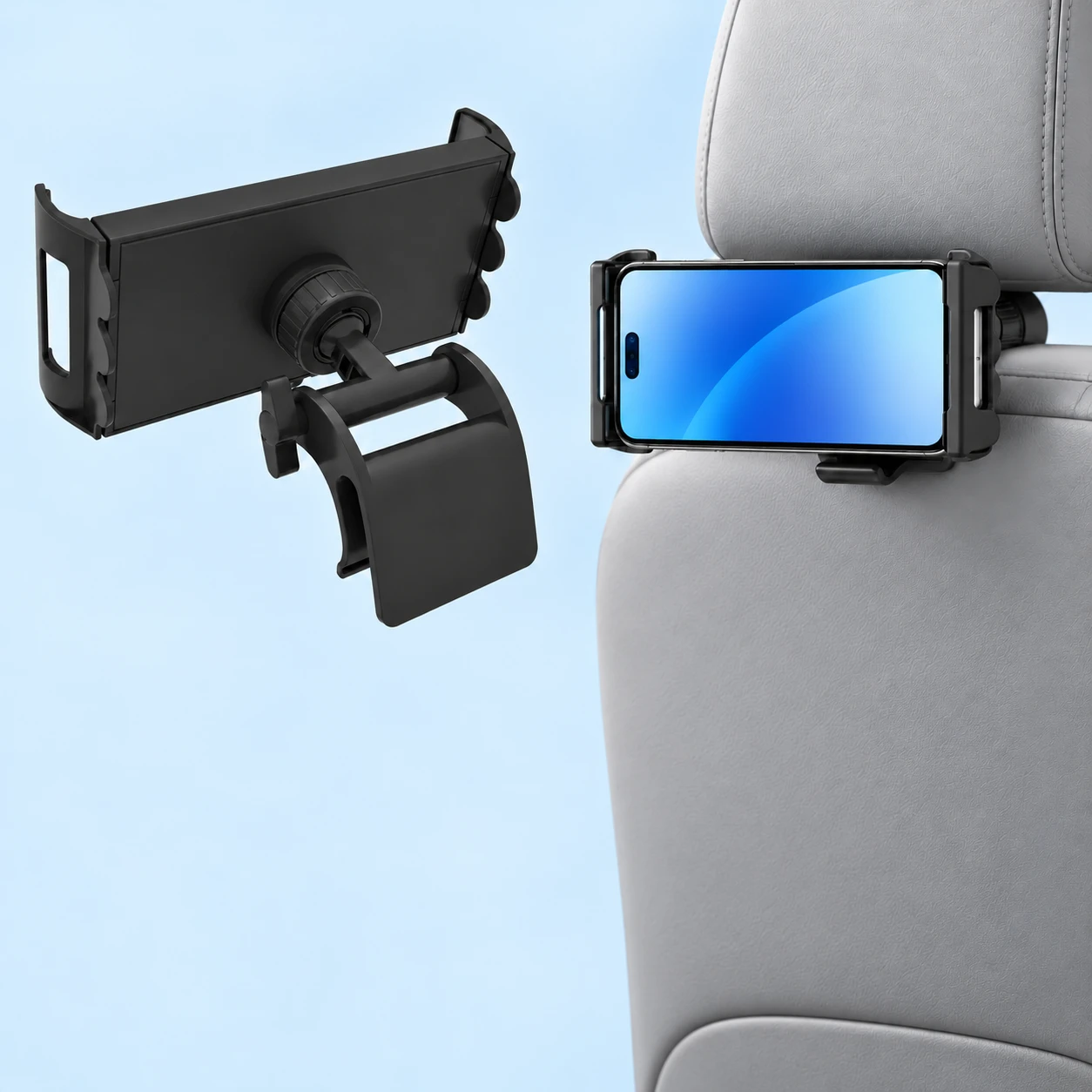 Complete black curved gap-clip headrest phone holder shown from the rear on the left, with stationary landscape smartphone use on a compatible integrated seat on the right., square composition