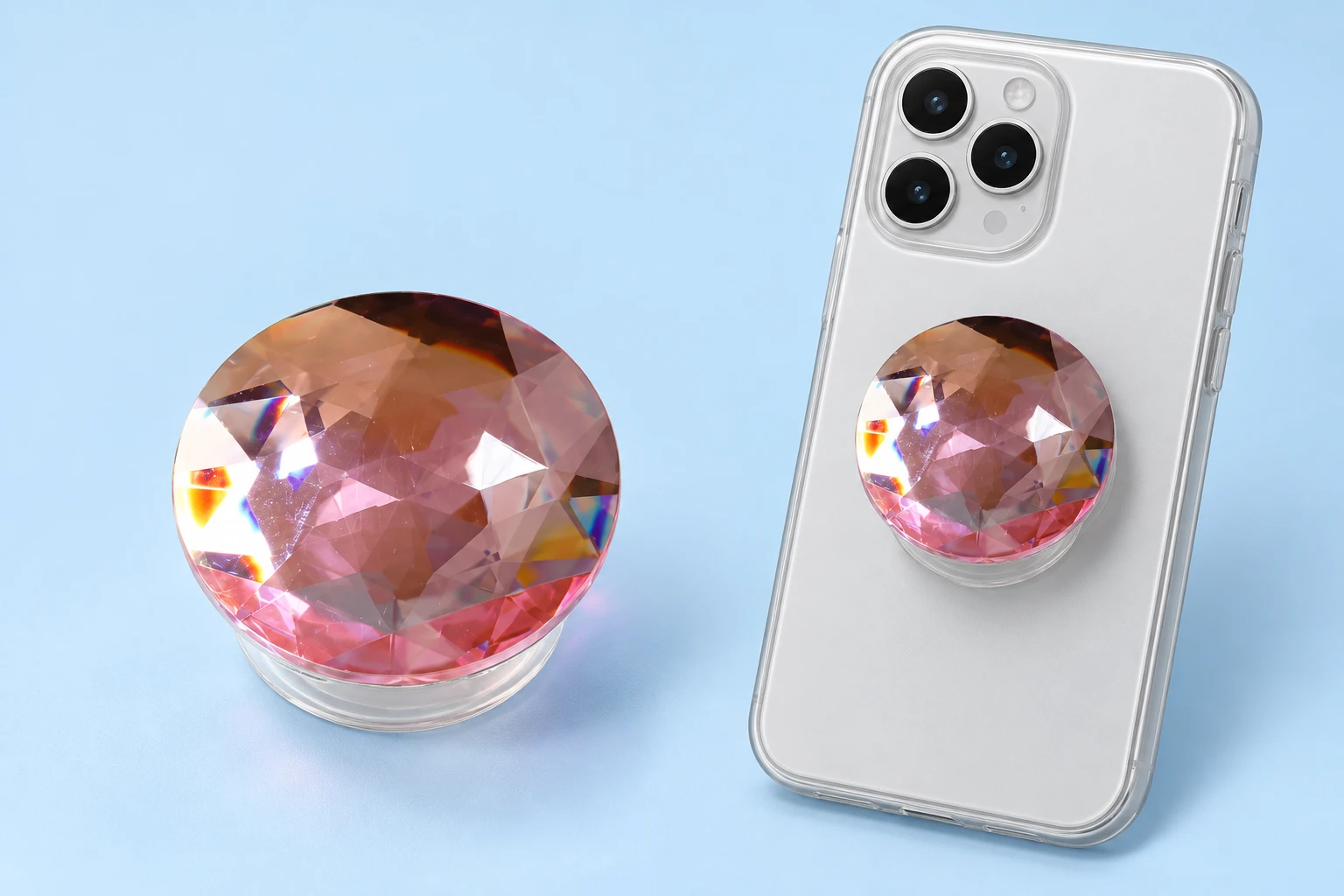 Pink Faceted Round Gem Expandable Phone Grip