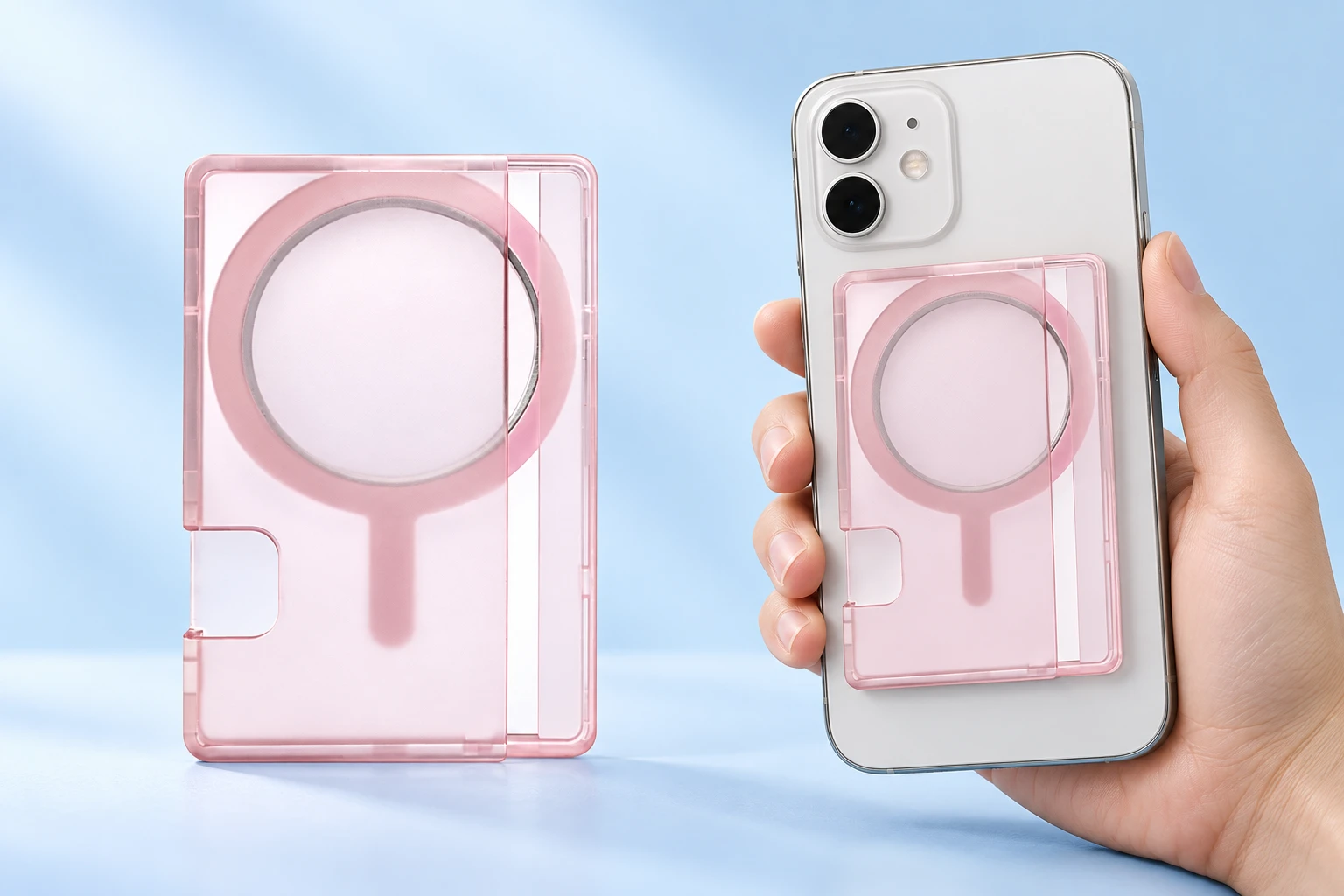 Frosted-pink side-access magnetic phone card holder shown complete and empty on the left and attached flat behind a hand-held phone on the right against a pale-blue background.