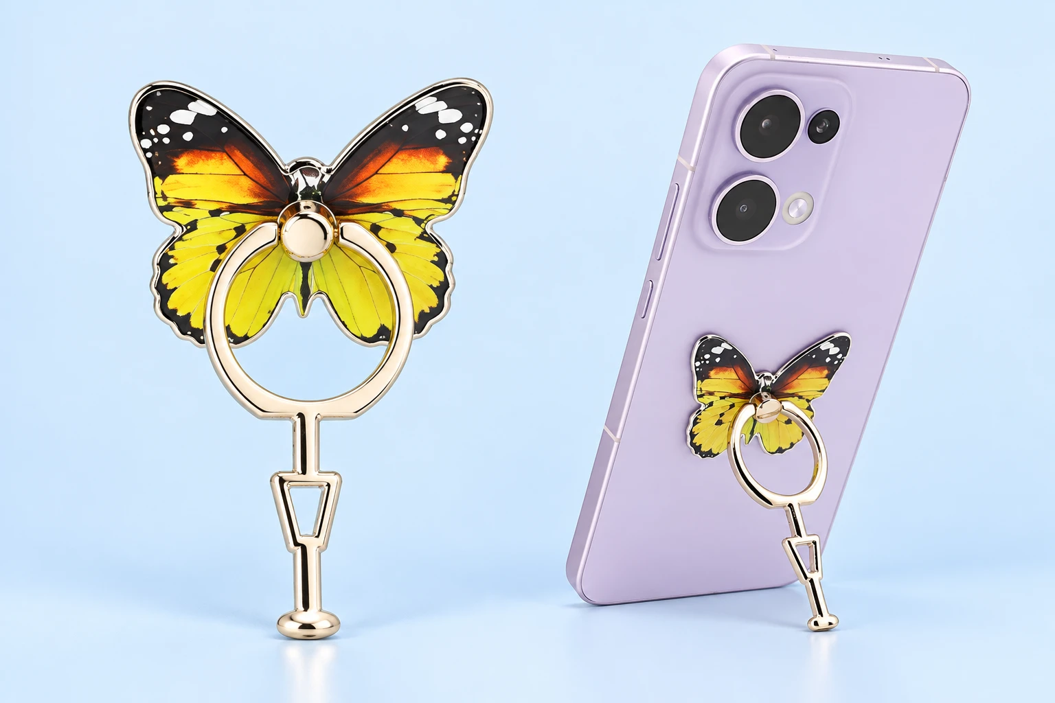 Yellow butterfly folding phone ring stand with long support foot, isolated and supporting a portrait phone