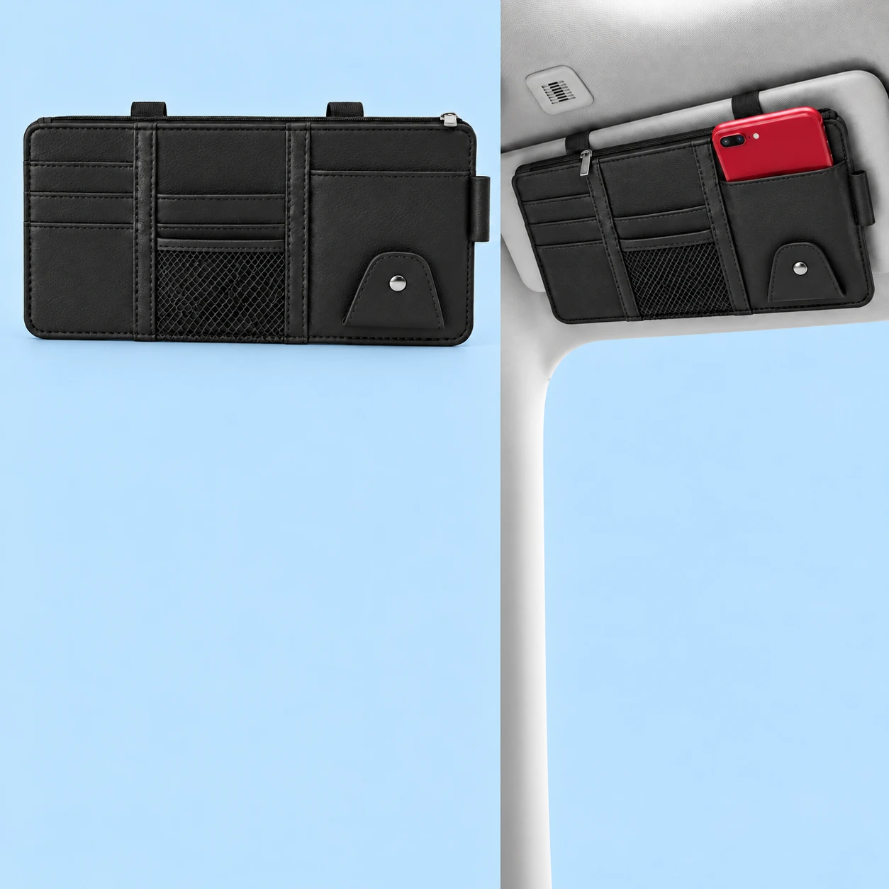 Complete empty black three-column visor organizer at left, with its mesh pocket, top zipper and original visible mounting-band segments; the same organizer retaining a demonstration phone in its right sleeve on a stationary passenger visor at right, against pale blue., square composition