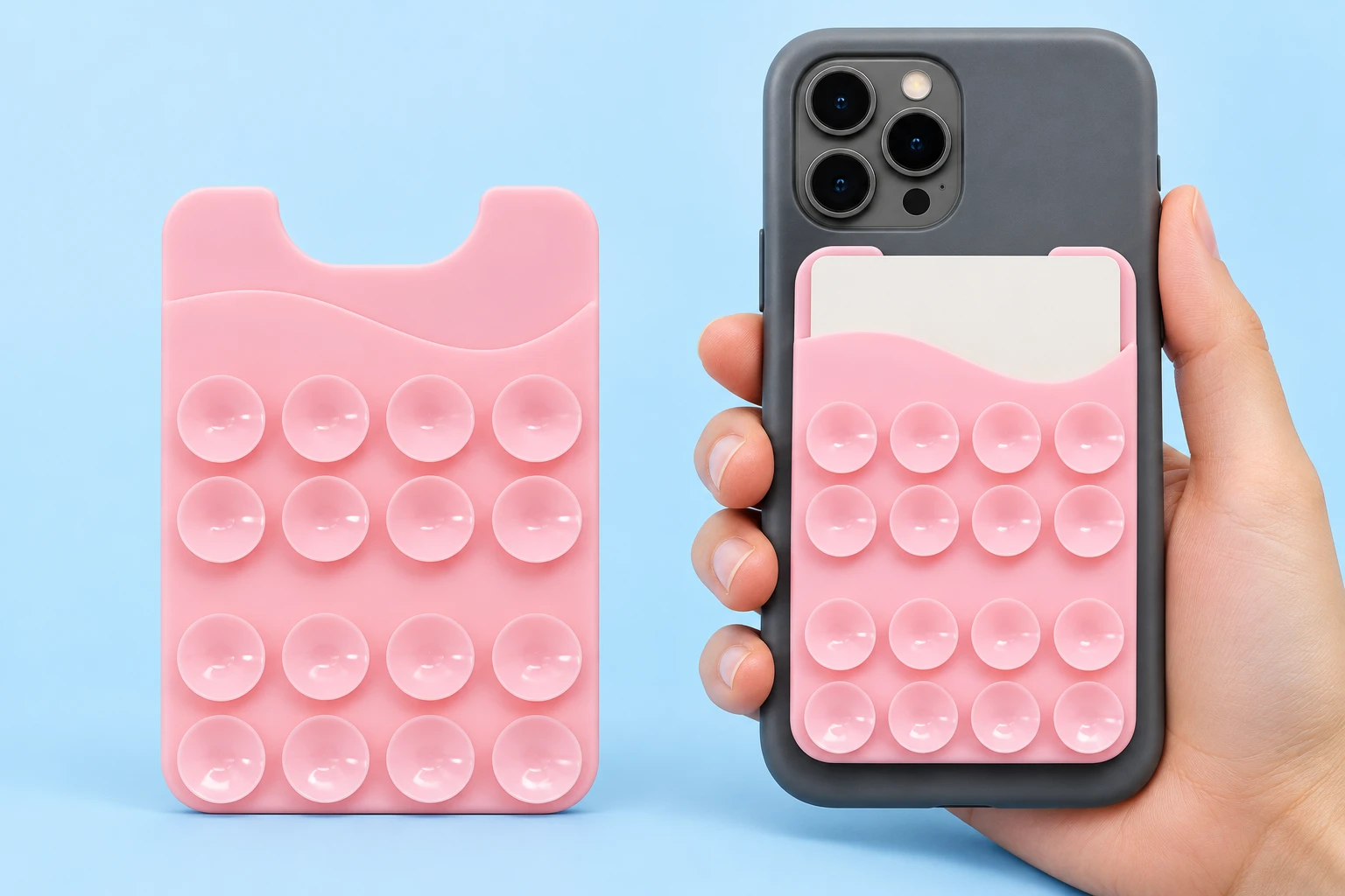 Pastel pink sixteen-front-cup card pocket with illustrative closed suction placement on a phone case
