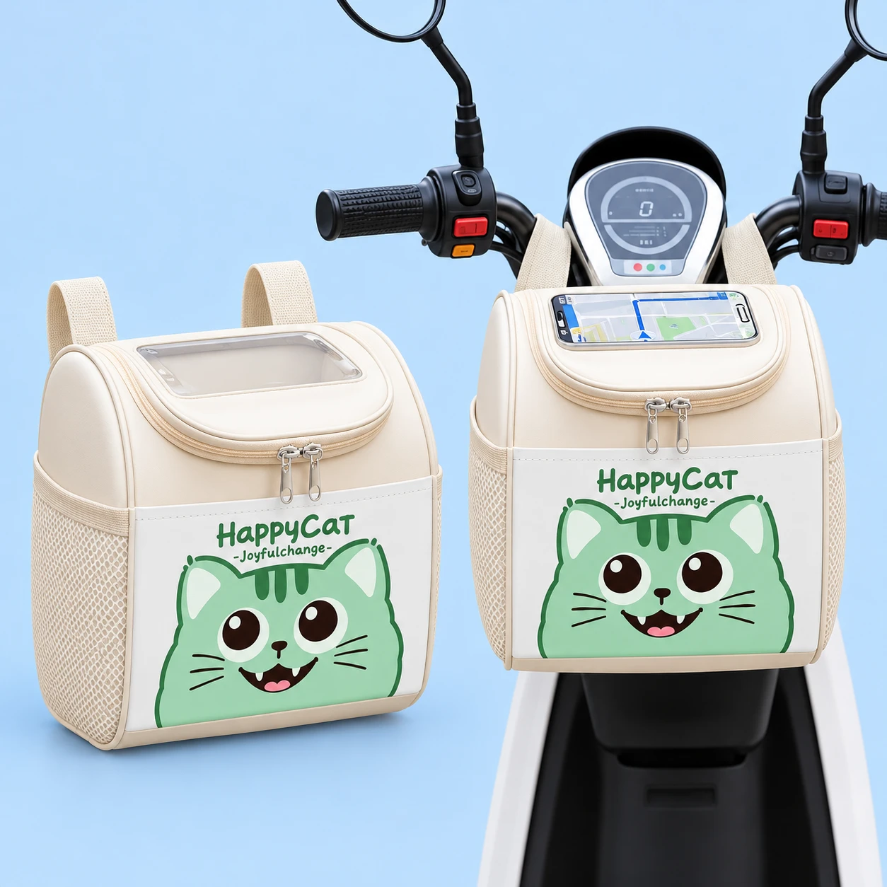 Complete cream green-cat phone-window scooter bag with original visible hanging bands at left; the same bag holding a demonstration phone in its clear top window on a stationary scooter at right, against pale blue.