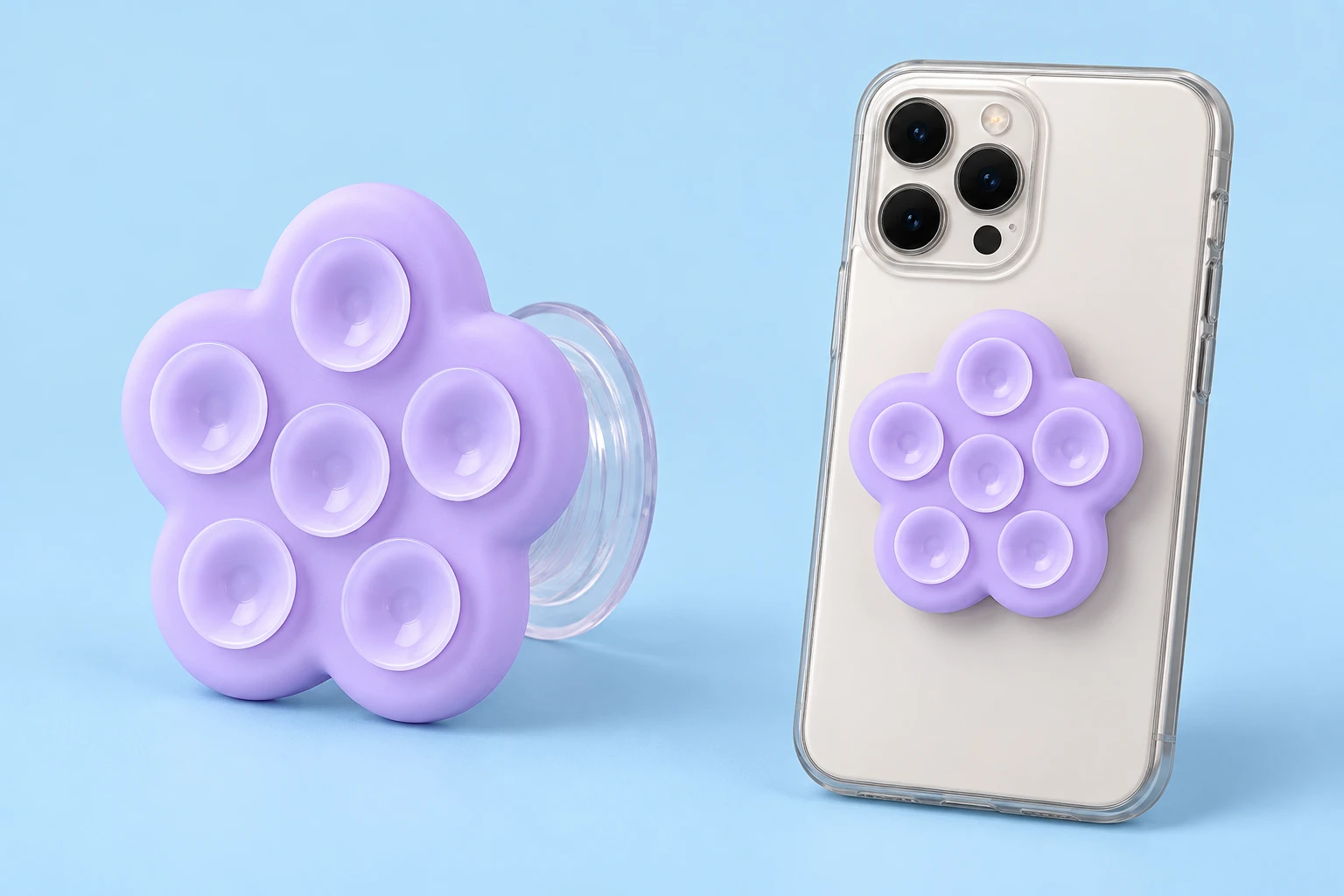 Lilac five-petal flower phone grip with six suction cups and a clear expandable stem