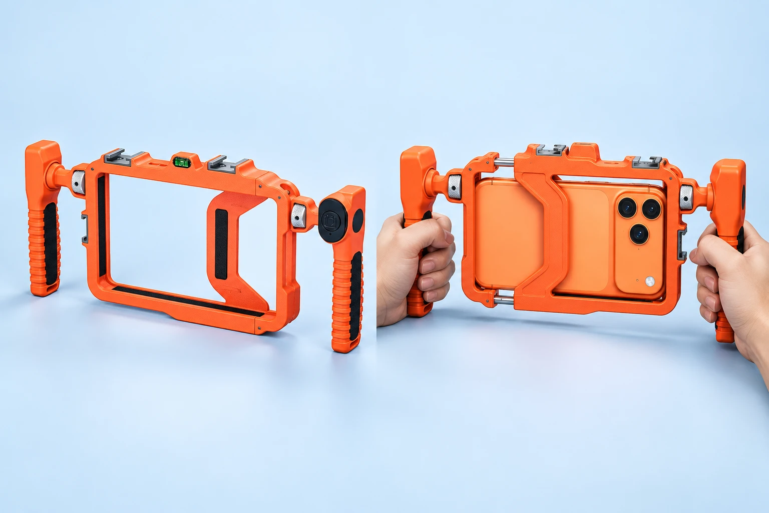 Orange BFT-03B Adjustable Phone Cage; product and illustrative use on pale blue. Phone and scene props excluded.
