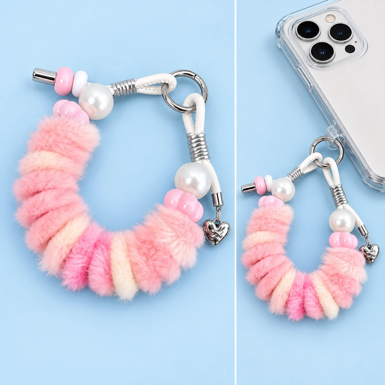Pink plush coil wrist lanyard with decorative beads and heart charm, complete item and compatible phone-case eyelet use