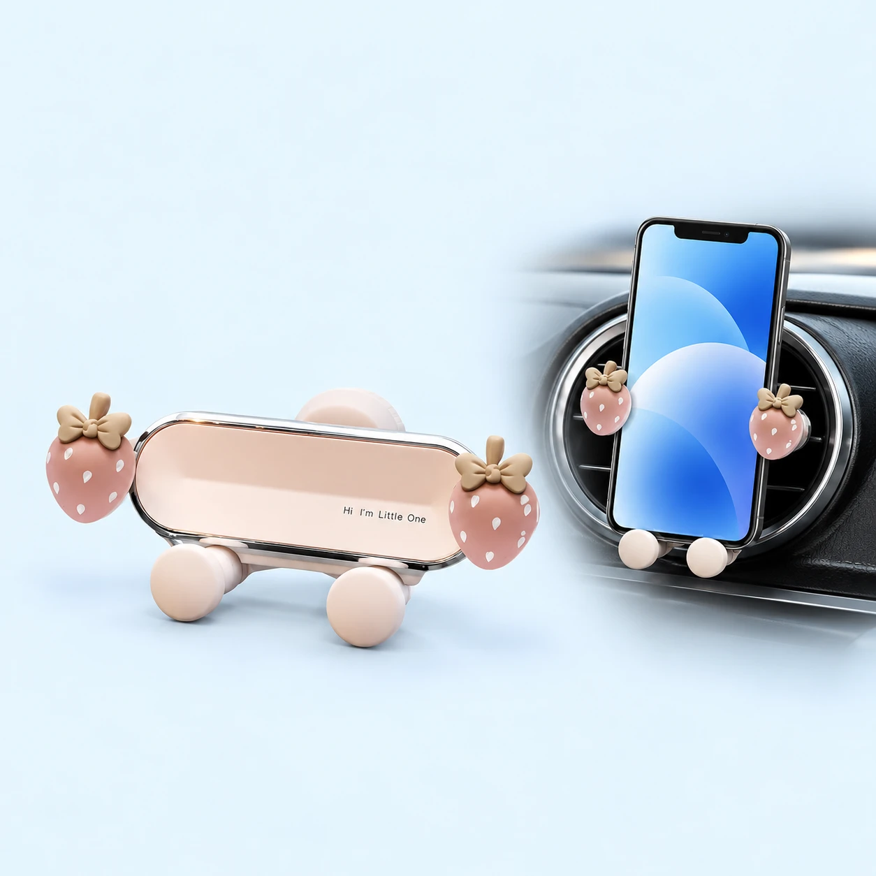 Strawberry car air-vent phone holder on a pale-blue background, product on left and installed phone use on right