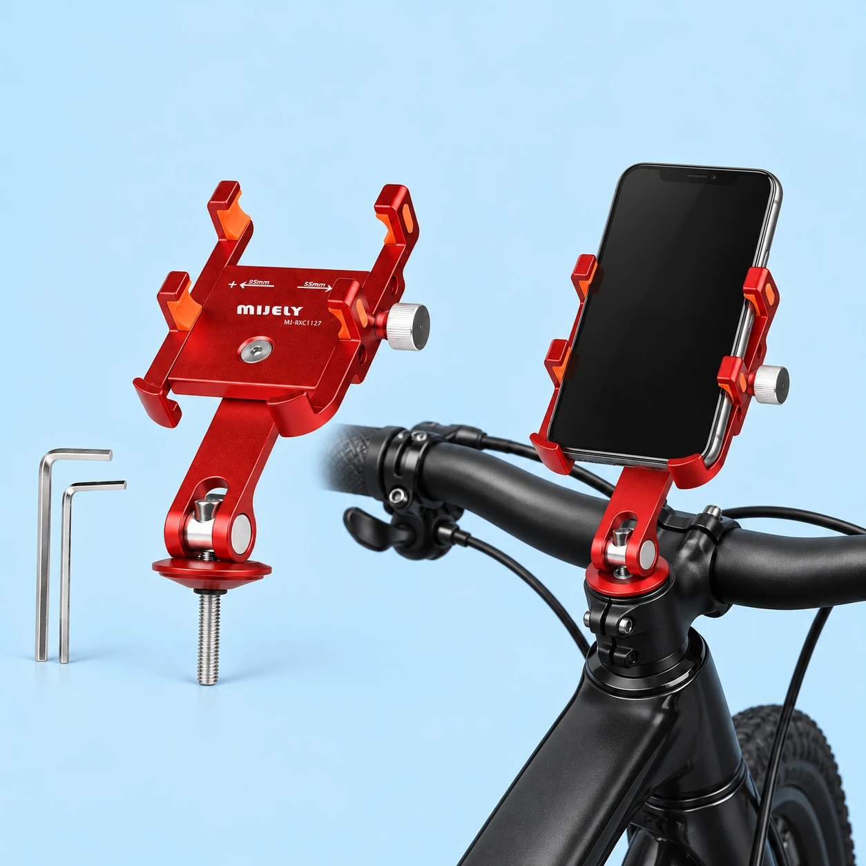 Complete empty red alloy stem-cap phone mount with original bolt and two hex keys on the left; the same mount supports a portrait phone on a stationary bicycle stem on the right, against a pale-blue background., square composition