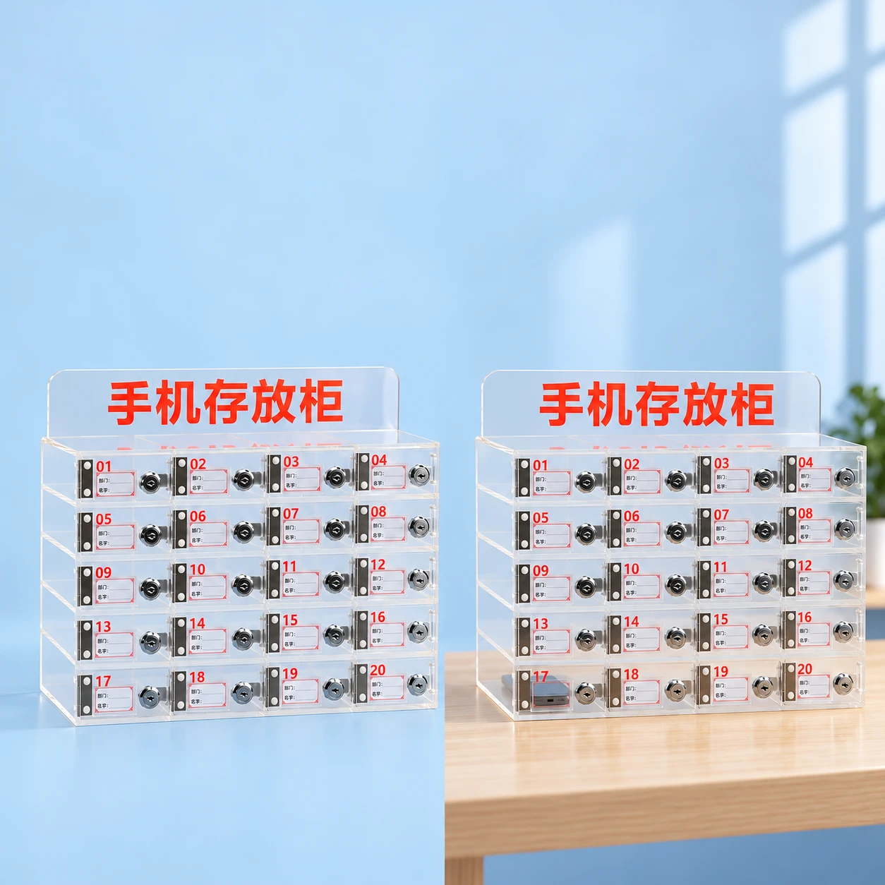 Clear B20 Individual-Door Phone Storage Cabinet; product and illustrative use on pale blue. Phone and scene props excluded., square composition