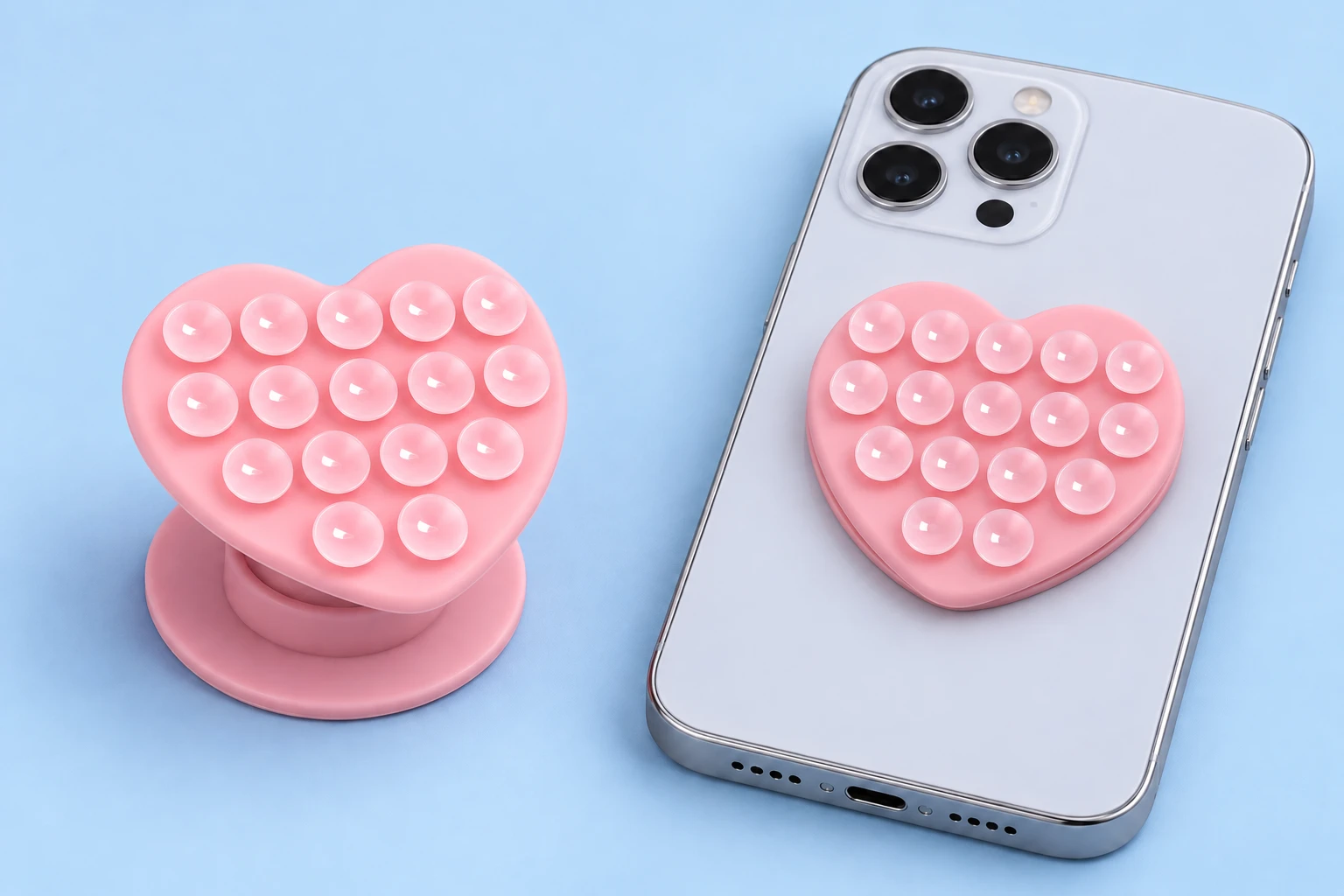 Pastel pink heart-shaped expandable phone grip with sixteen suction cups and round base, shown alone and closed on a phone