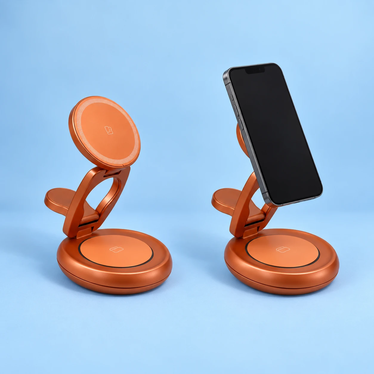 Orange LFX-208 Curved-Loop Charging Phone Stand; product and illustrative use on pale blue. Phone and scene props excluded., square composition