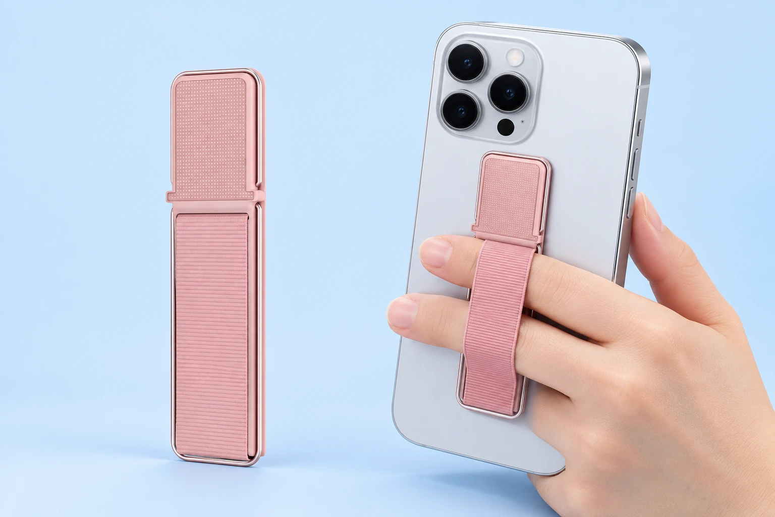 Rose-gold phone finger strap with original elastic band and stowed single wire kickstand left; the same holder attached to a hand-supported phone right on pale blue. Phone not included.