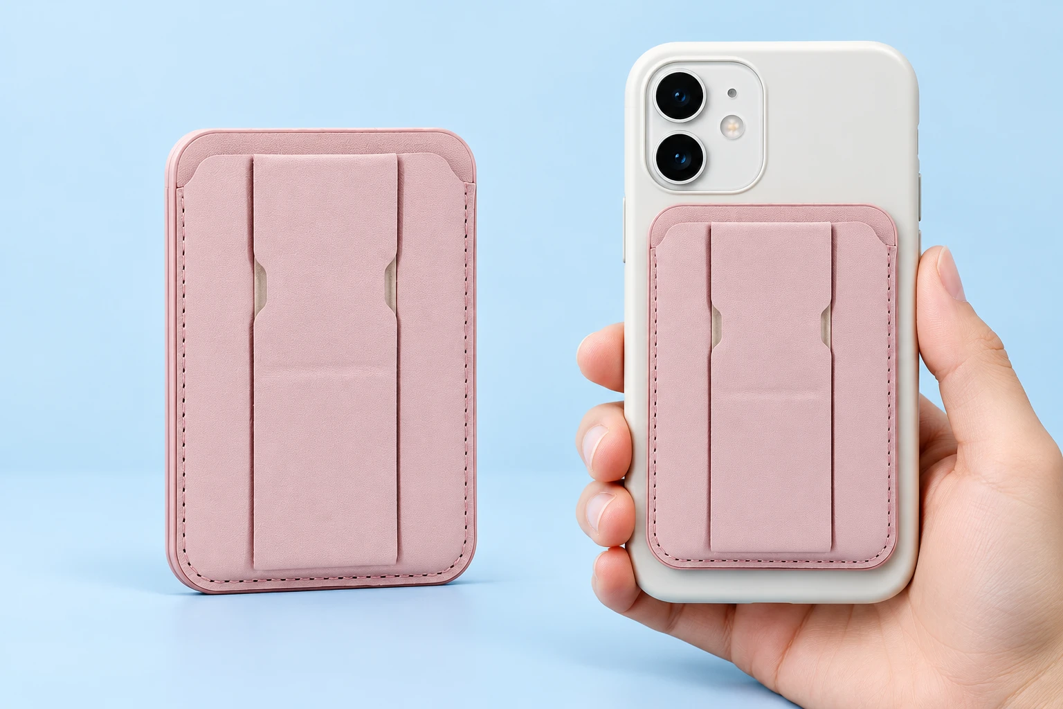 Pastel pink center-band wallet phone stand shown closed alone and magnetically mounted on a phone