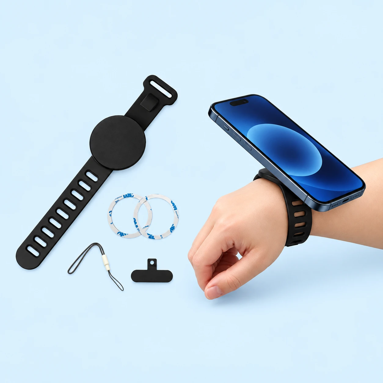 Black Slotted-Band Magnetic Wrist Phone Holder Kit; product and illustrative use on pale blue. Phone and scene props excluded., square composition