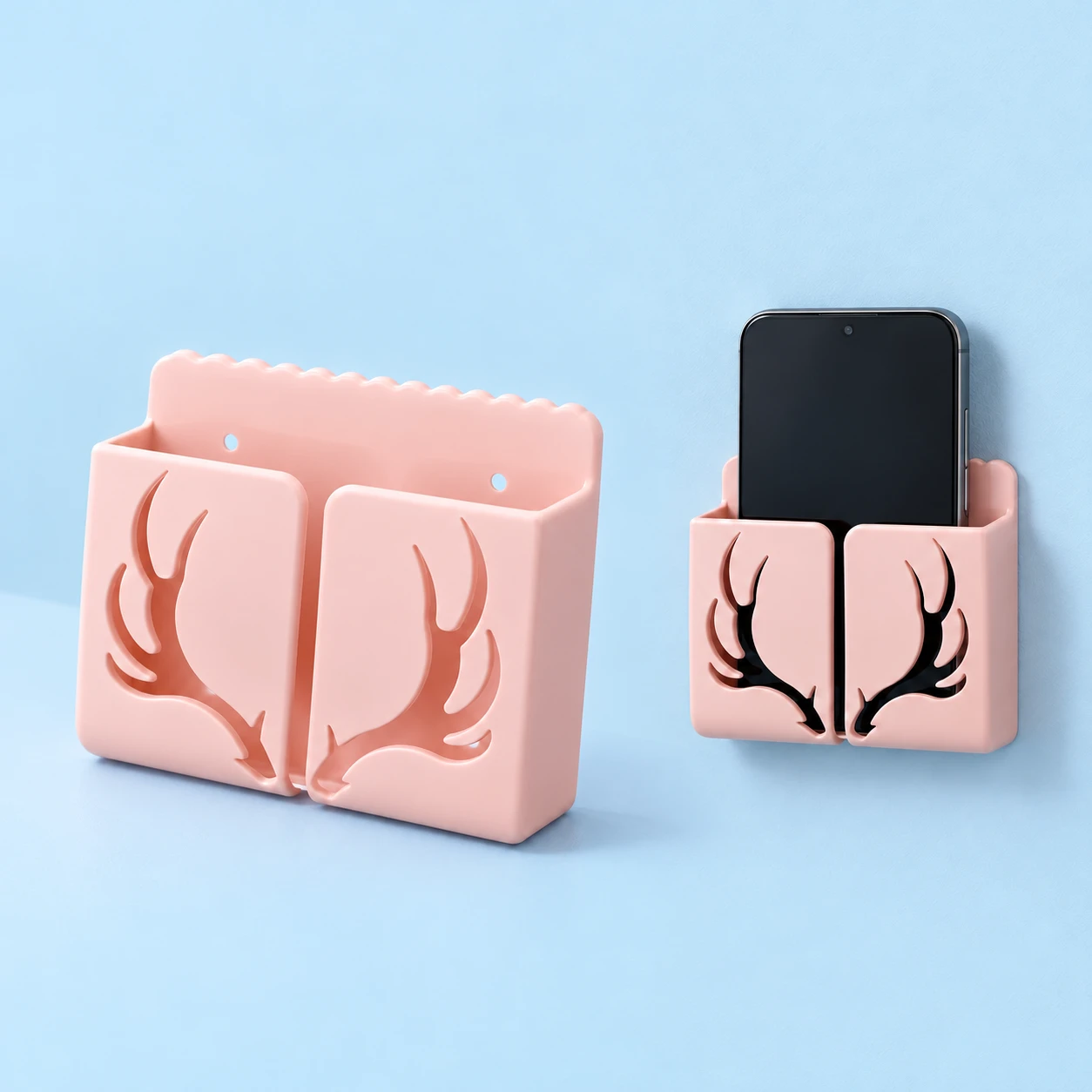 Pastel Pink Antler-Cutout Adhesive Wall Phone Pocket