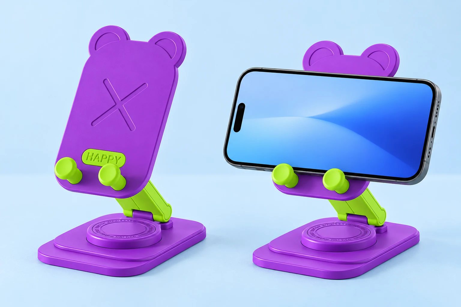 Purple Bear-Ear Rotating Phone Stand shown complete and supporting a landscape phone
