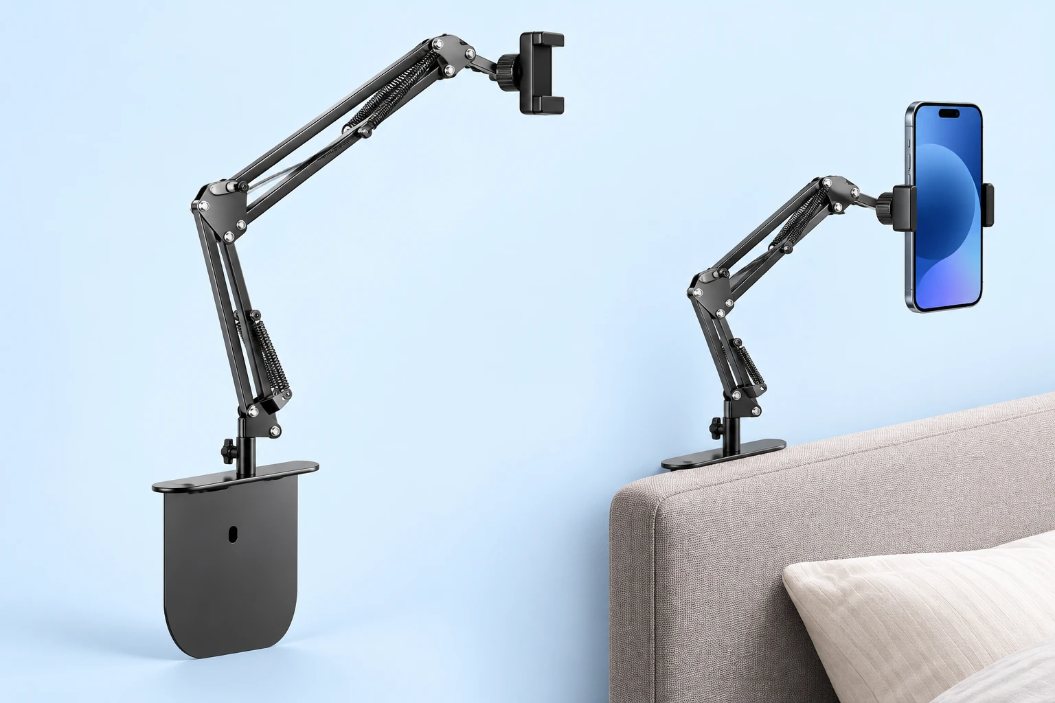 Black gap-base articulated spring-arm phone holder on pale blue, shown complete and empty at left and holding a portrait phone beside an upholstered headboard at right.