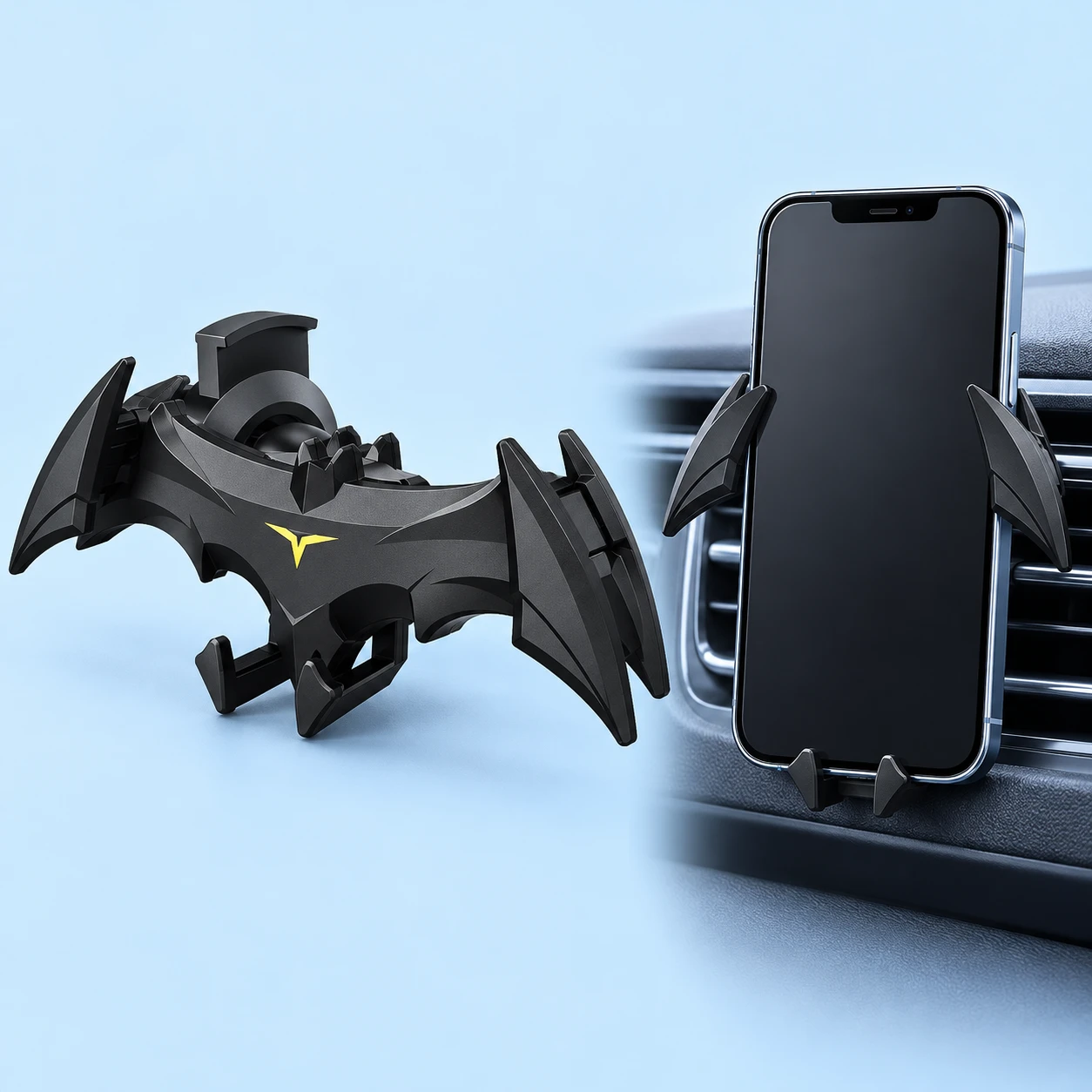 Black sculpted bat phone holder with its vent clamp, shown with an illustrative portrait phone on a stationary vehicle vent