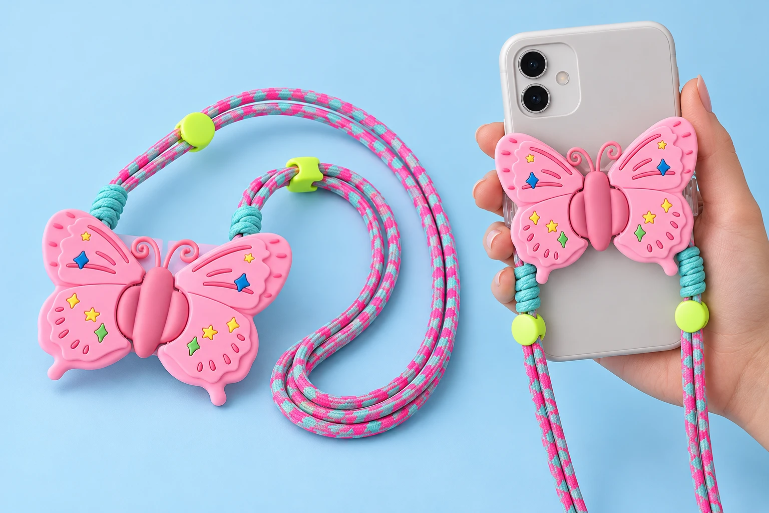 Pink folding butterfly clip-on phone lanyard with pink-turquoise cord and hand-supported phone use