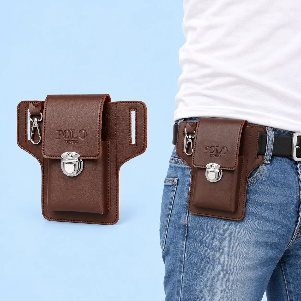 Complete closed brown phone belt pouch with two integral slotted side wings, raised front utility pocket, one left key hook and silver-tone latch, beside the same closed pouch worn on a plain belt in stationary use on pale blue. Belt and clothing are contextual props., square composition