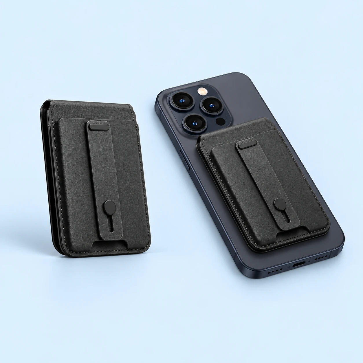 Black Short-Edge Hinged Magnetic Phone Wallet Stand; product and illustrative use on pale blue. Phone and scene props excluded., square composition