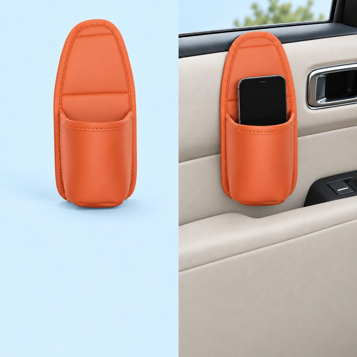 Orange Tall-Back Door Phone Pocket; product and illustrative use on pale blue. Phone and scene props excluded., square composition