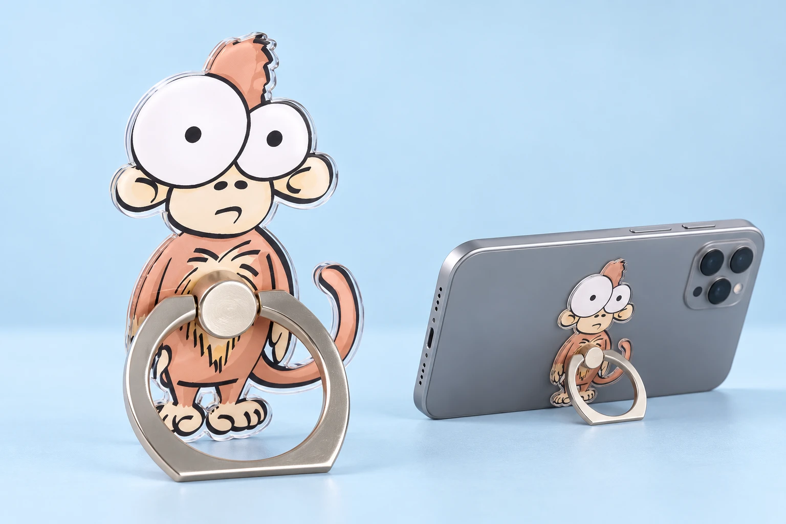Monkey Phone Ring Holder shown complete with illustrated phone use
