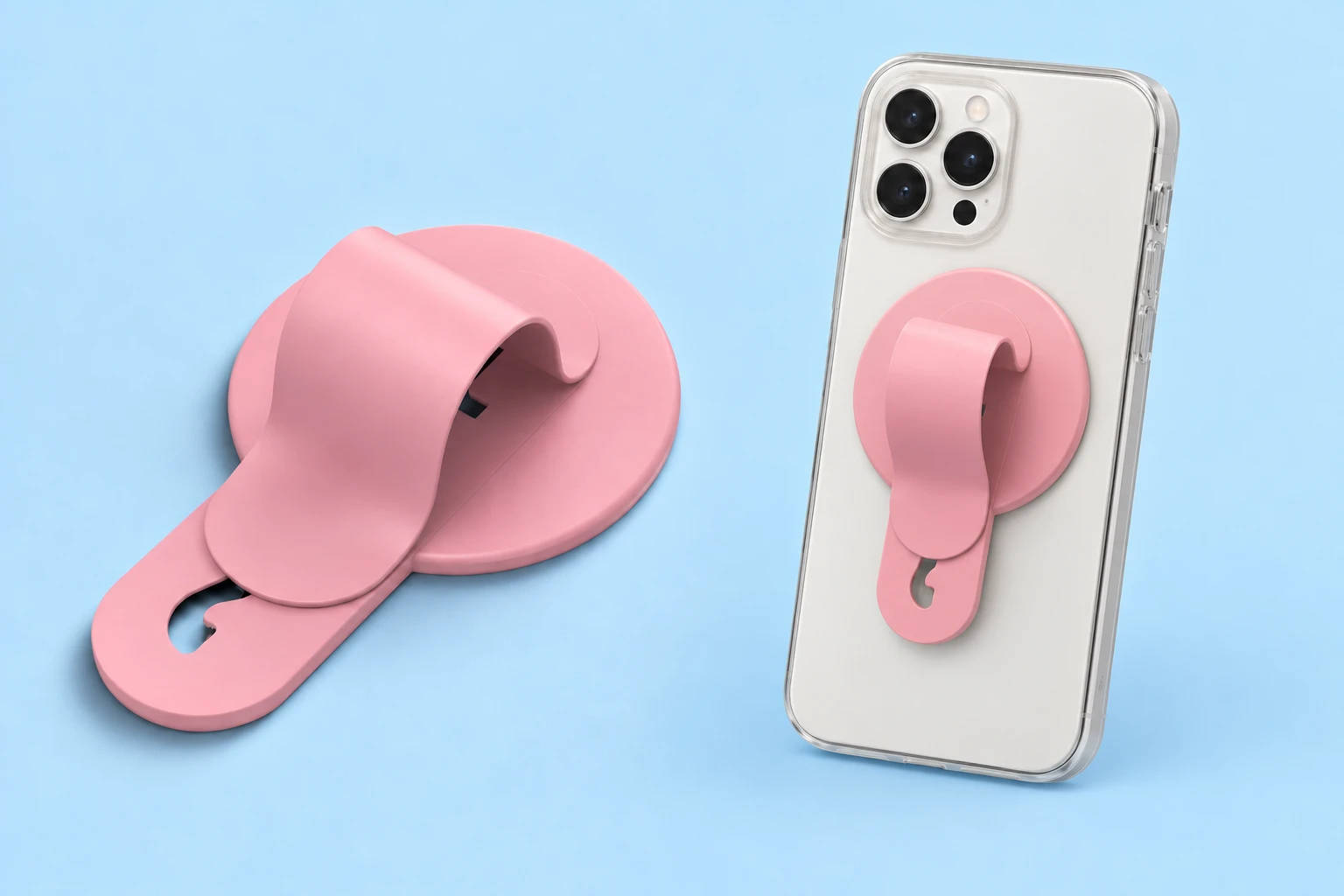 Pastel pink round-base sliding arch phone grip, complete and mounted on a phone case