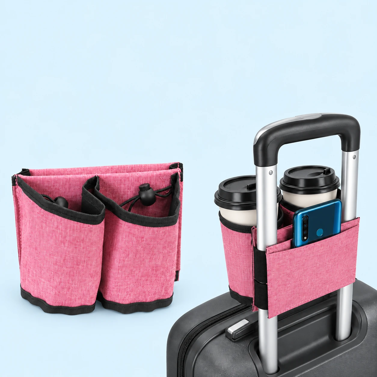 Rose-pink two-sleeve luggage cup and phone carrier, empty at left and mounted on a stationary two-rail suitcase handle with drink and phone props at right., square composition