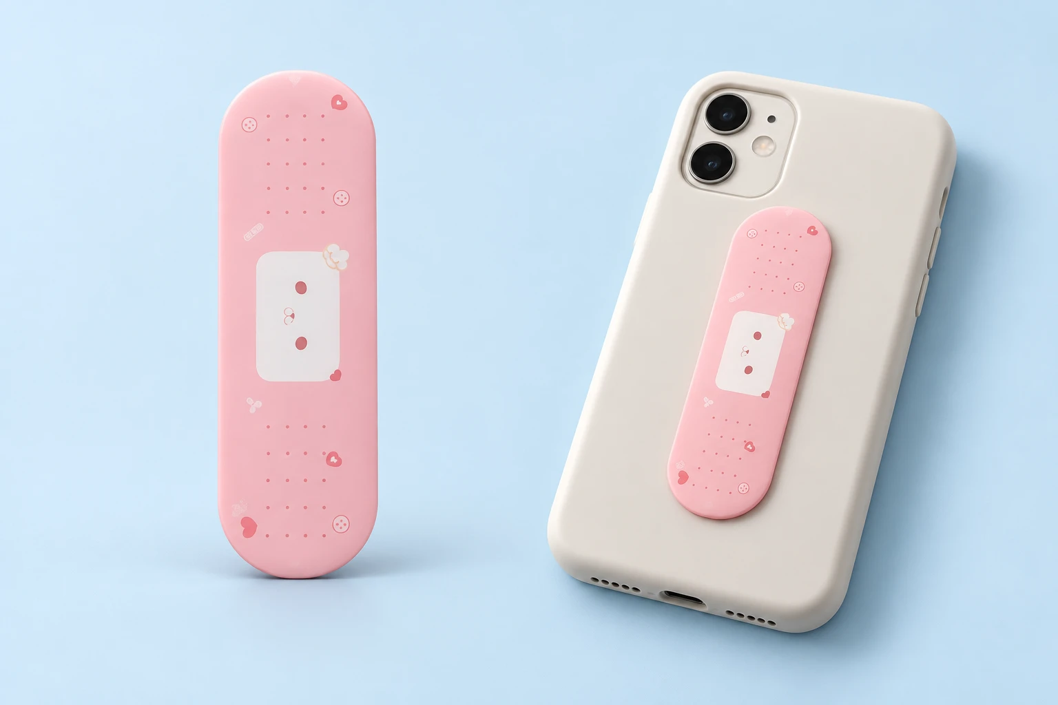 Pink bear bandage-style sliding phone stand shown flat and mounted on a phone case
