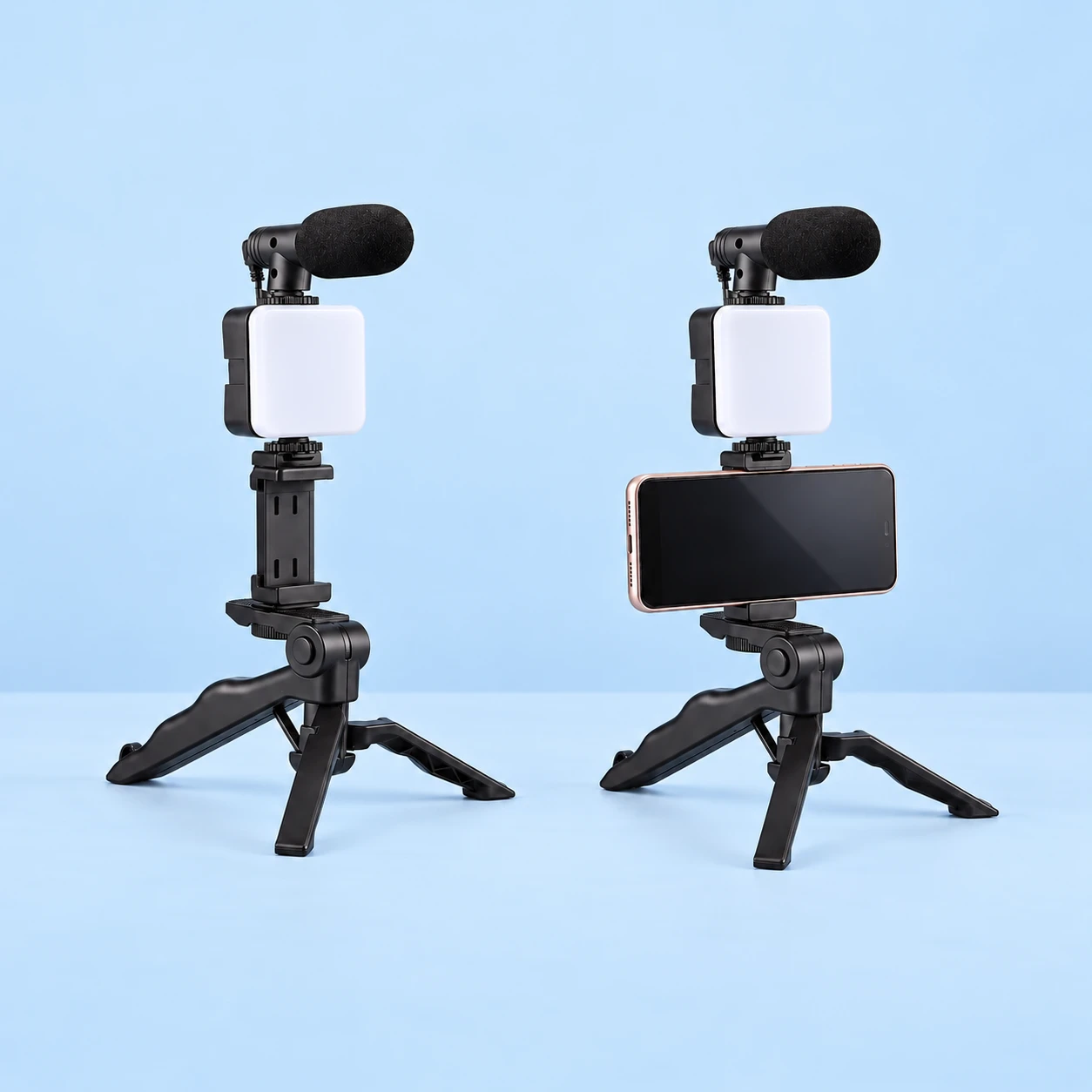 Black AY-49 folding-grip phone, light and microphone kit shown empty on the left and holding one landscape phone on a tabletop on the right, with the light switched off., square composition
