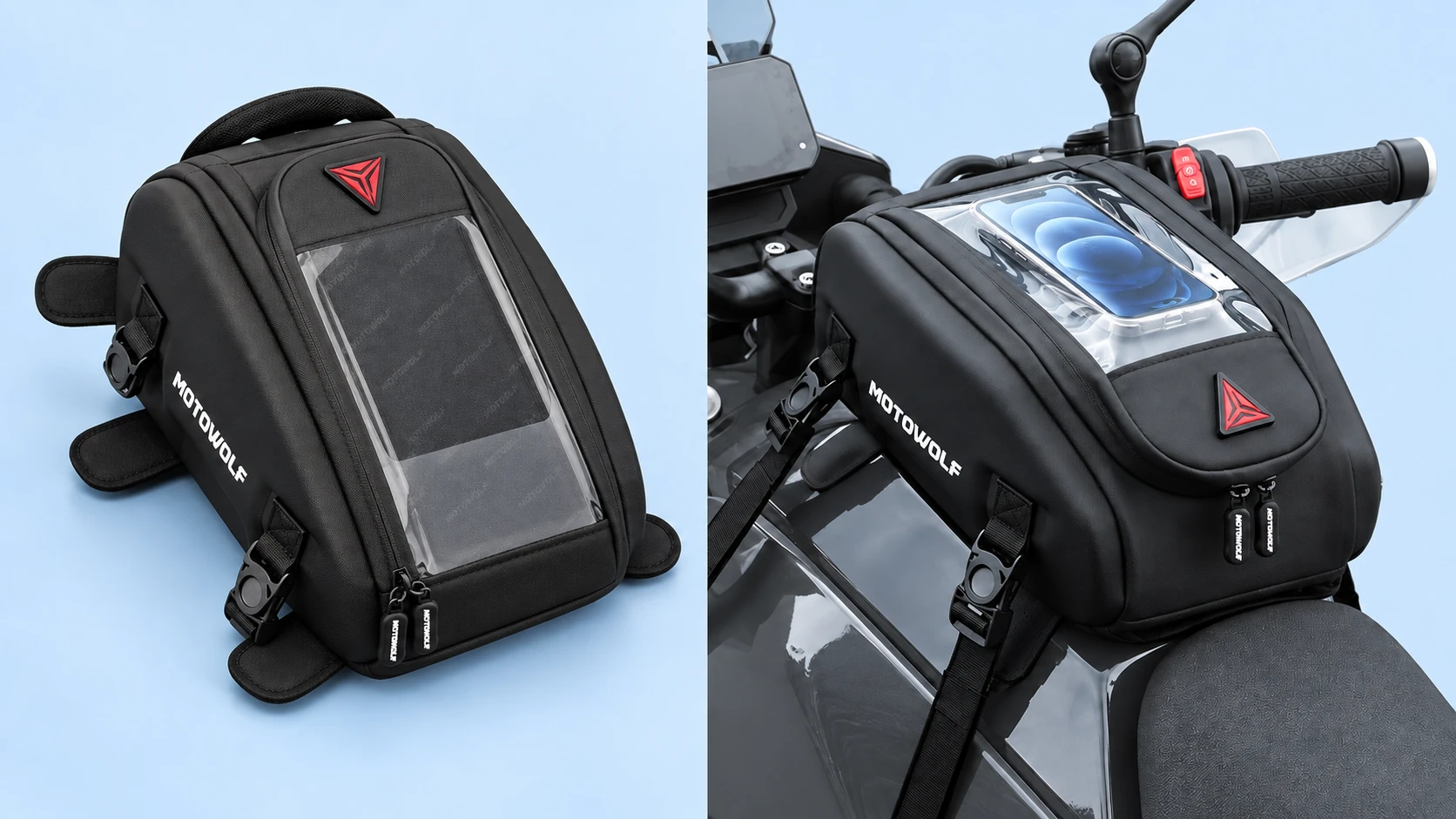 Complete black MB10 tank phone-window bag with its original magnetic tabs and buckle fittings at left; the same bag holding a demonstration phone under its clear window on a stationary motorcycle tank at right, against pale blue.