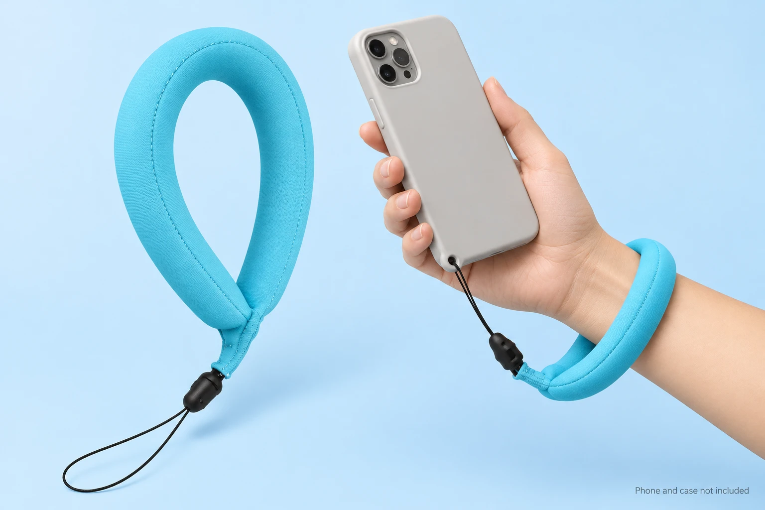 Sky blue padded wrist phone lanyard, shown complete and tethered through a phone-case eyelet