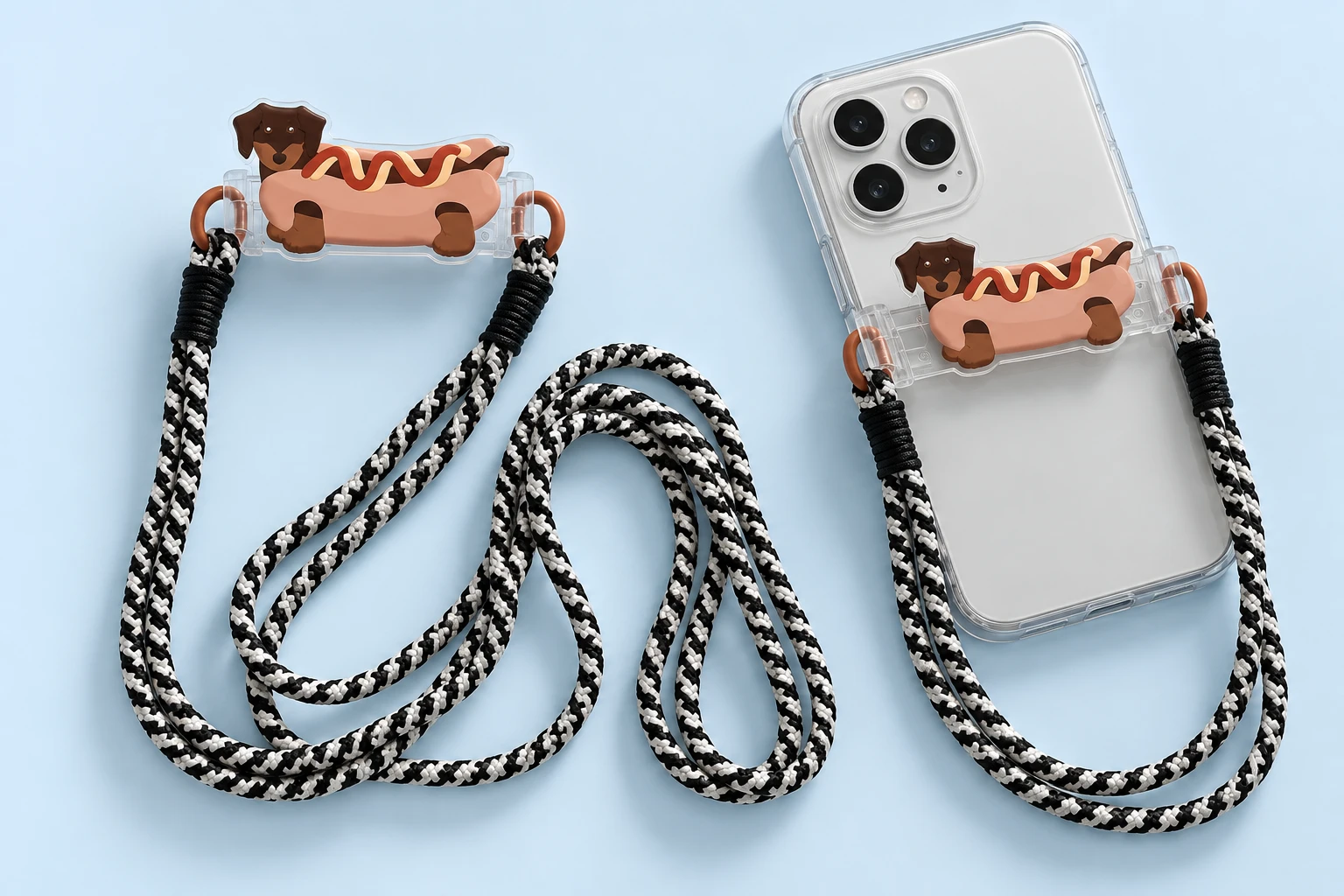 Hotdog dachshund decorative phone clamp with black-and-white lanyard, shown complete and attached to a phone case