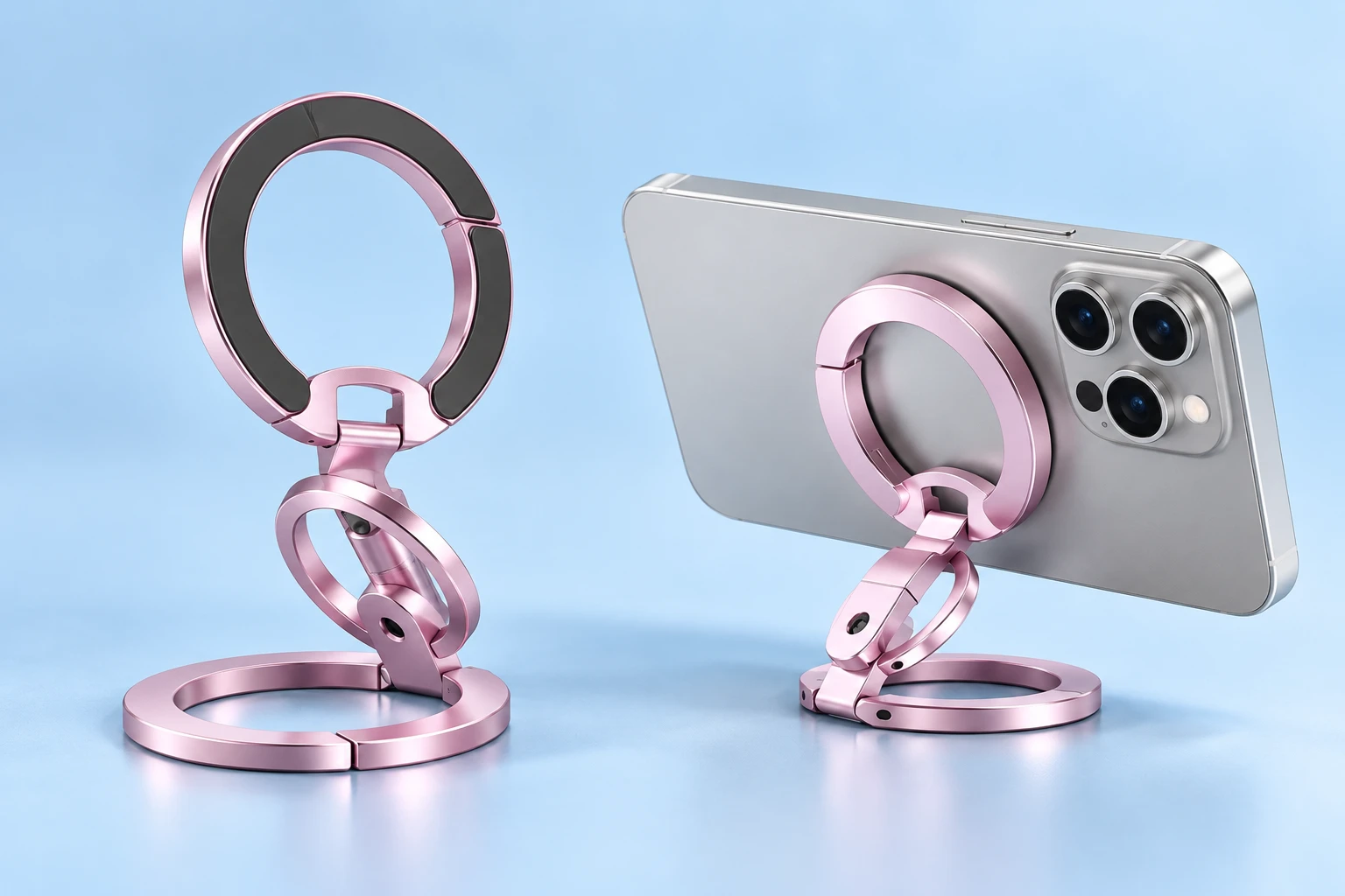 Cherry blossom pink dual-ring folding magnetic phone stand, with illustrative landscape phone use