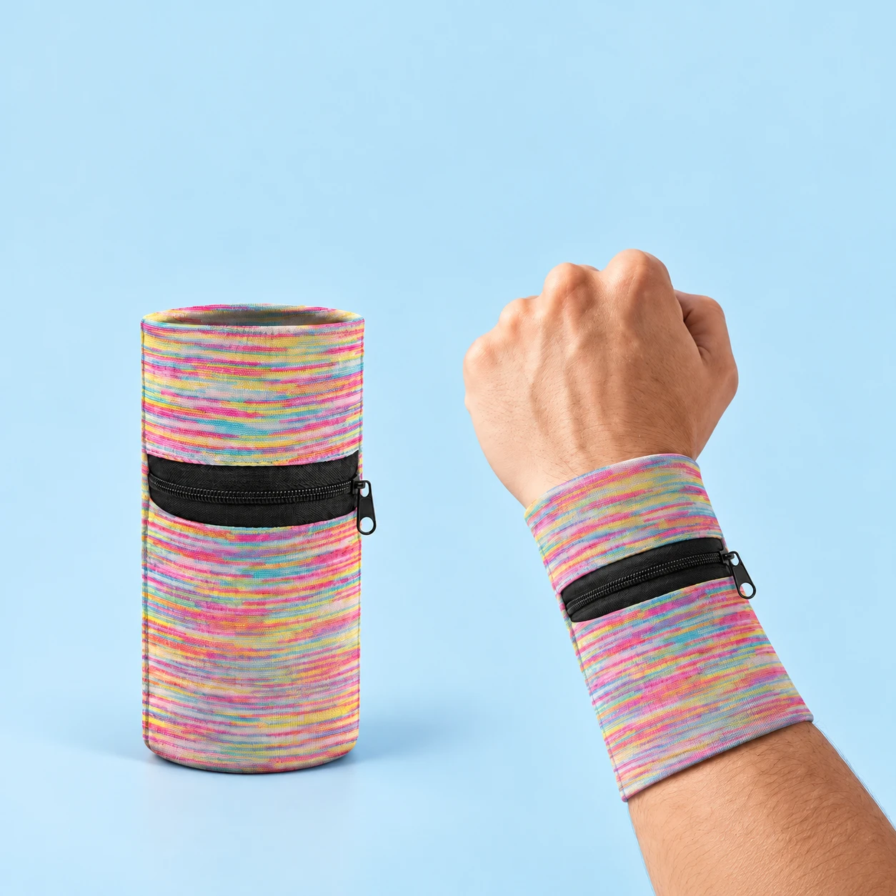 Rainbow Zip-Pocket Forearm Sleeve; product and illustrative use on pale blue. Phone and scene props excluded., square composition