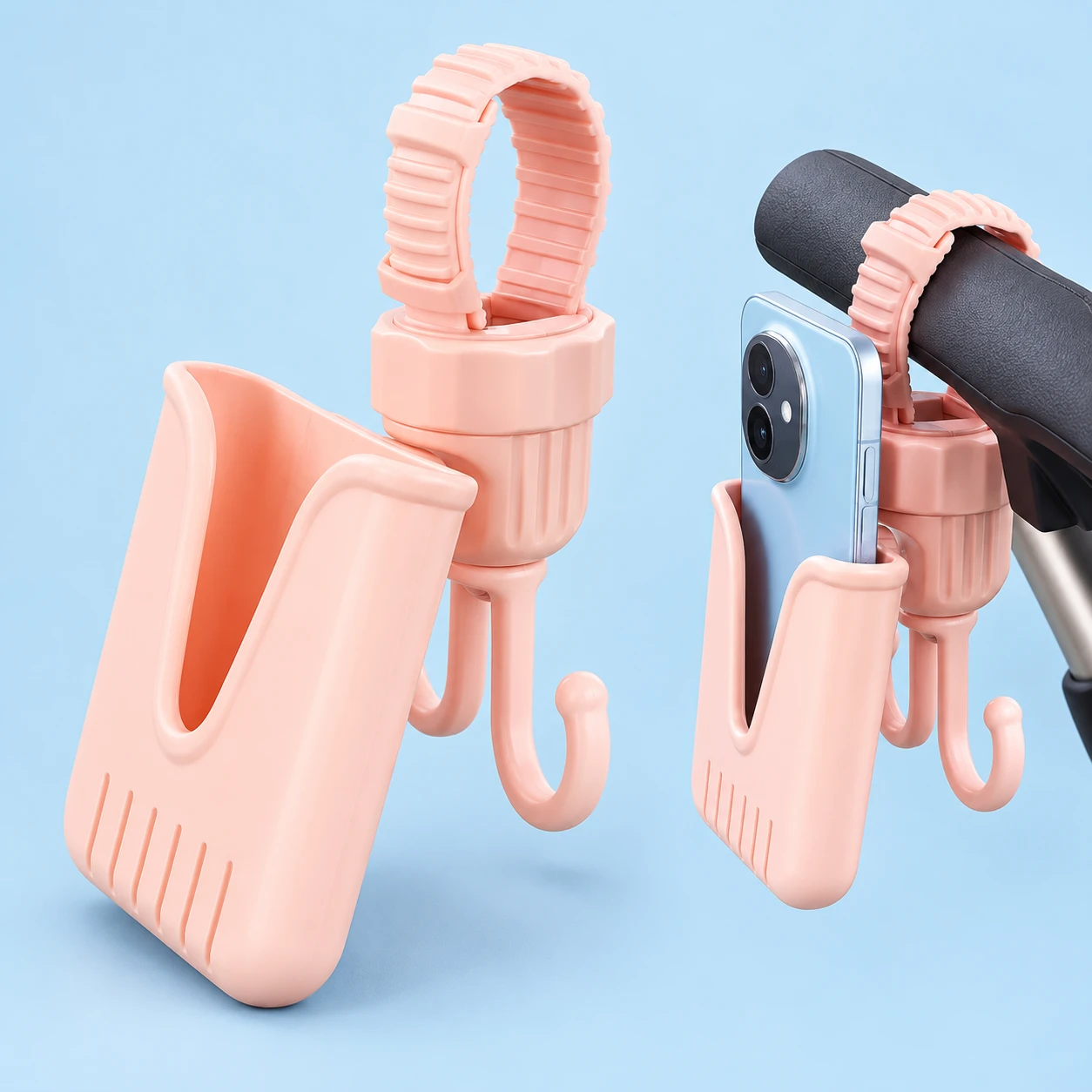 Pastel Pink Stroller Phone Pocket with Twin Hooks on a pale-blue background, product left and actual use right