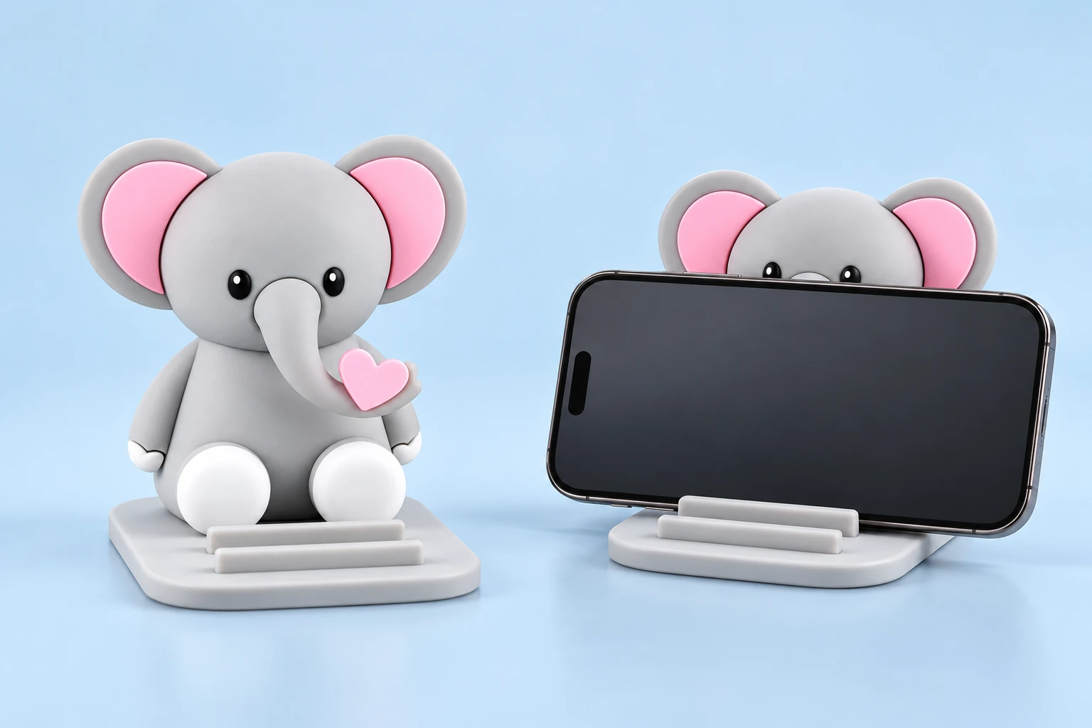Gray Heart-Holding Elephant Two-Position Phone Stand shown alone and in illustrative phone use