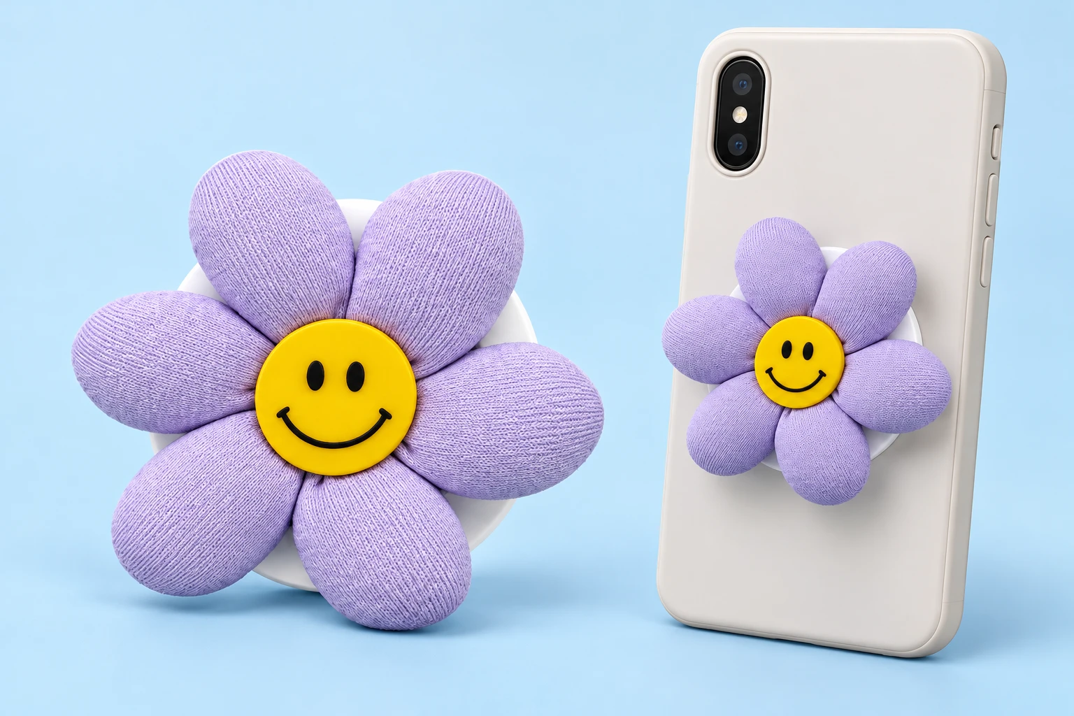 Lilac six-petal fabric flower phone grip with yellow smiley center, shown complete and mounted on a phone