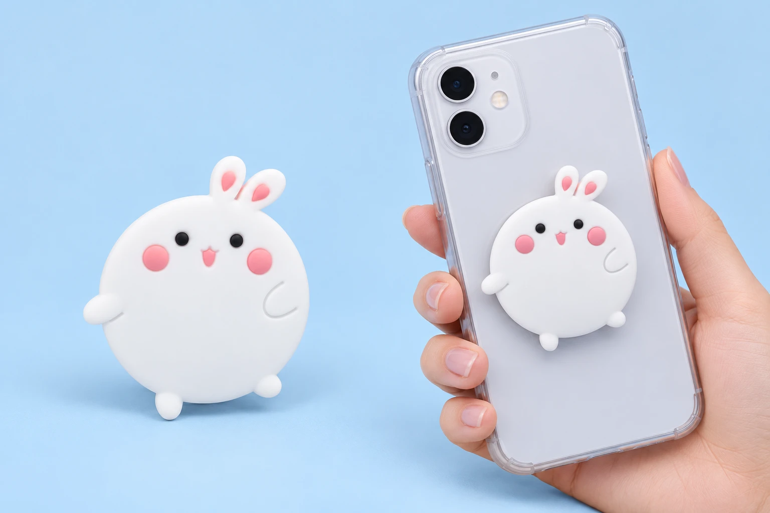 Round White Bunny Expandable Phone Grip