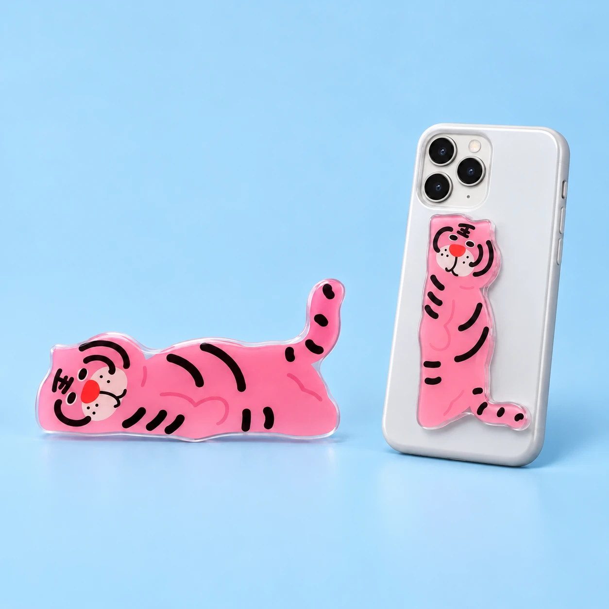 Rose pink reclining tiger folding phone kickstand and closed phone-back placement, square composition