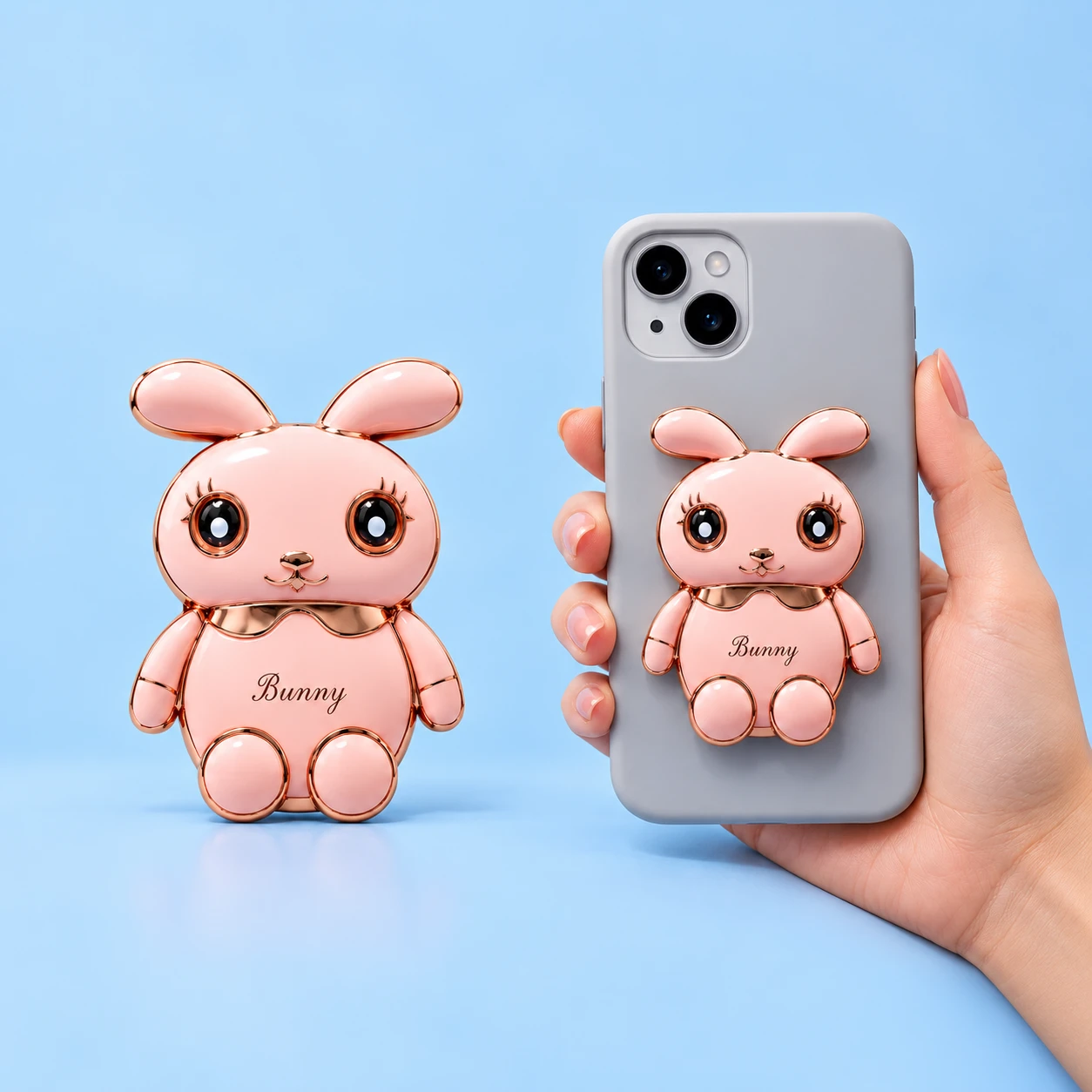 Pink gold-trim full-body bunny phone kickstand, closed product and phone-mounted illustration, square composition