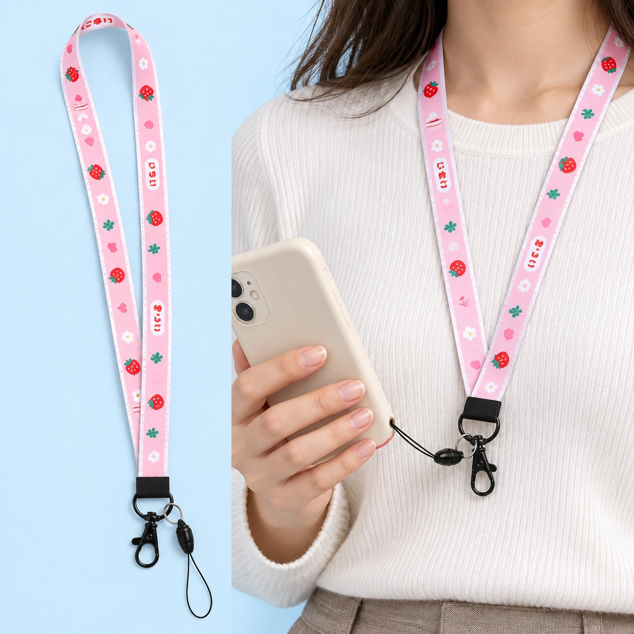 Pink Strawberry Flat-Band Phone Neck Lanyard