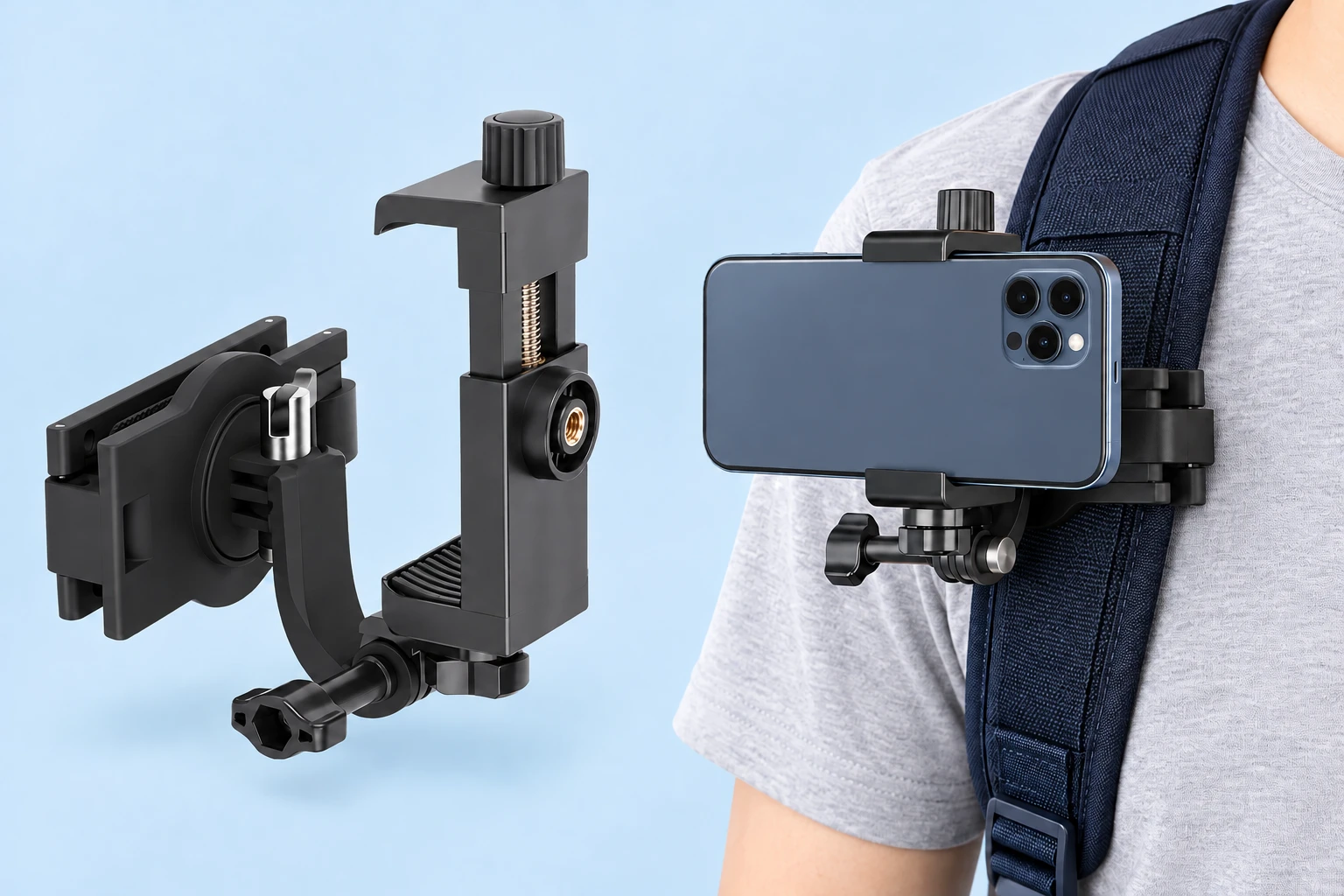 Black Latch-Clamp Backpack Phone Holder