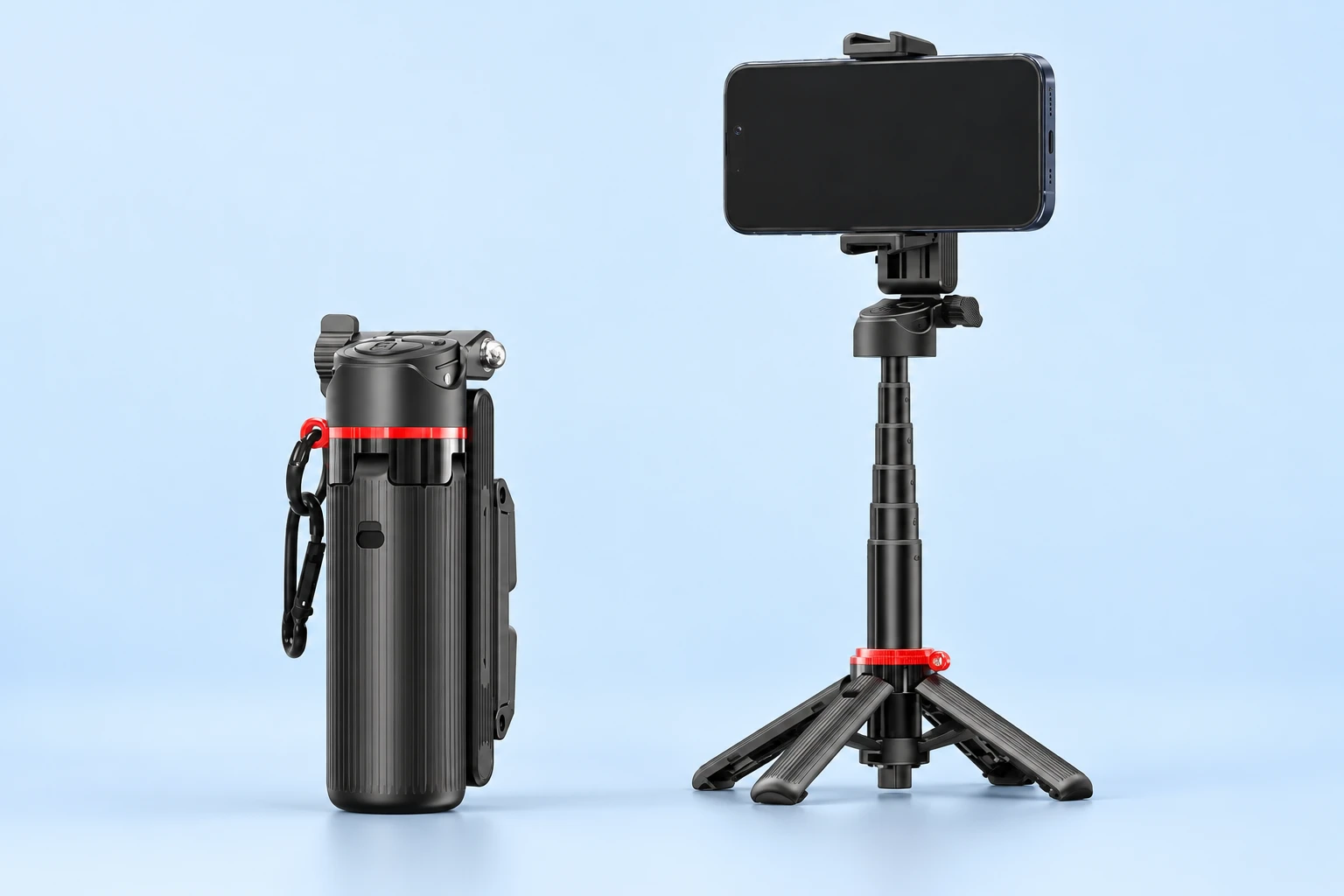Complete black F07 four-foot selfie stand shown folded at left and holding a landscape phone on its original four braced feet at right, against pale blue. Phone not included.