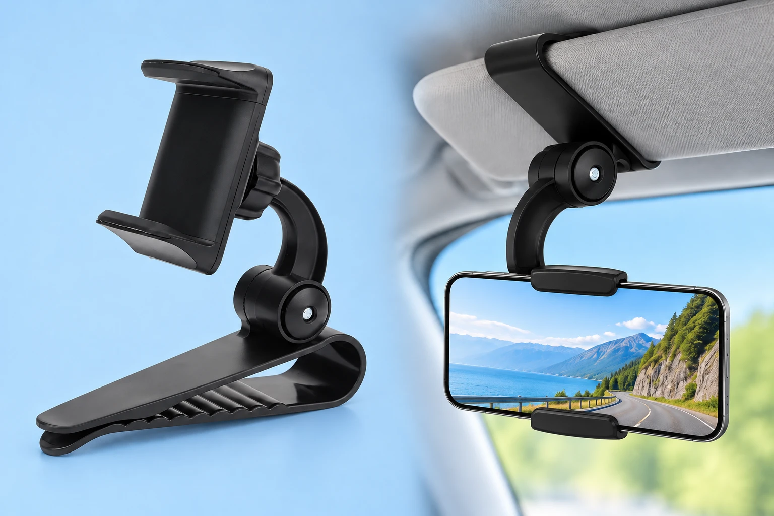Complete black curved-neck visor clip phone holder at left; the same original flat visor jaws and short curved neck hold a landscape phone by its upper and lower edges beneath a compatible stationary vehicle sun visor at right.