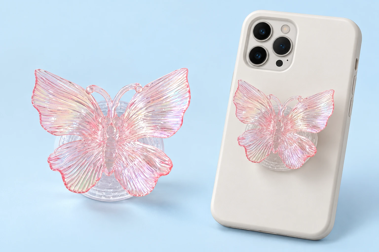 Pastel pink ridged butterfly phone grip with plain transparent base and conservative closed phone-back placement