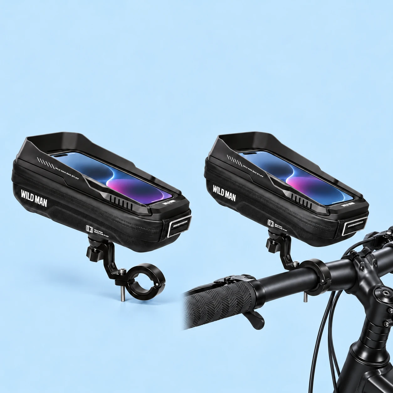 Black XT3S Handlebar Phone Pouch; product and illustrative use on pale blue. Phone and scene props excluded., square composition